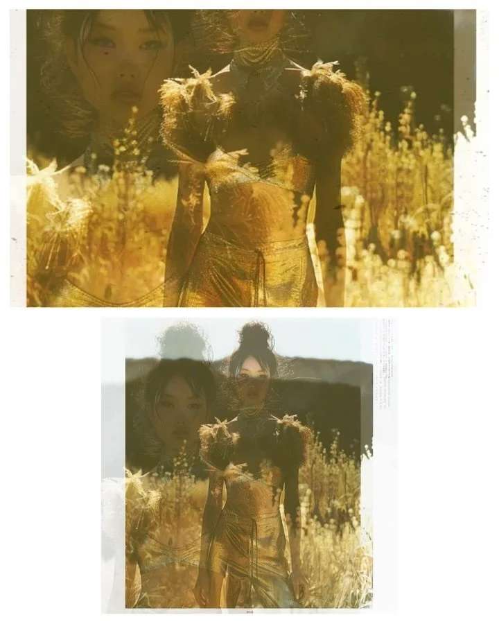 Vind sl&auml;tt i guld . Ss 24 
Double exposure 
CreativeDirector / photographer @hunkelswede 
commissioned by @EternalVisionStudio #StylistExtraordinaire @NomadThreads #MUA @SunlitBeauty #model  @LensAndWander46
#HairByElements @DesertWindsHair

#Go