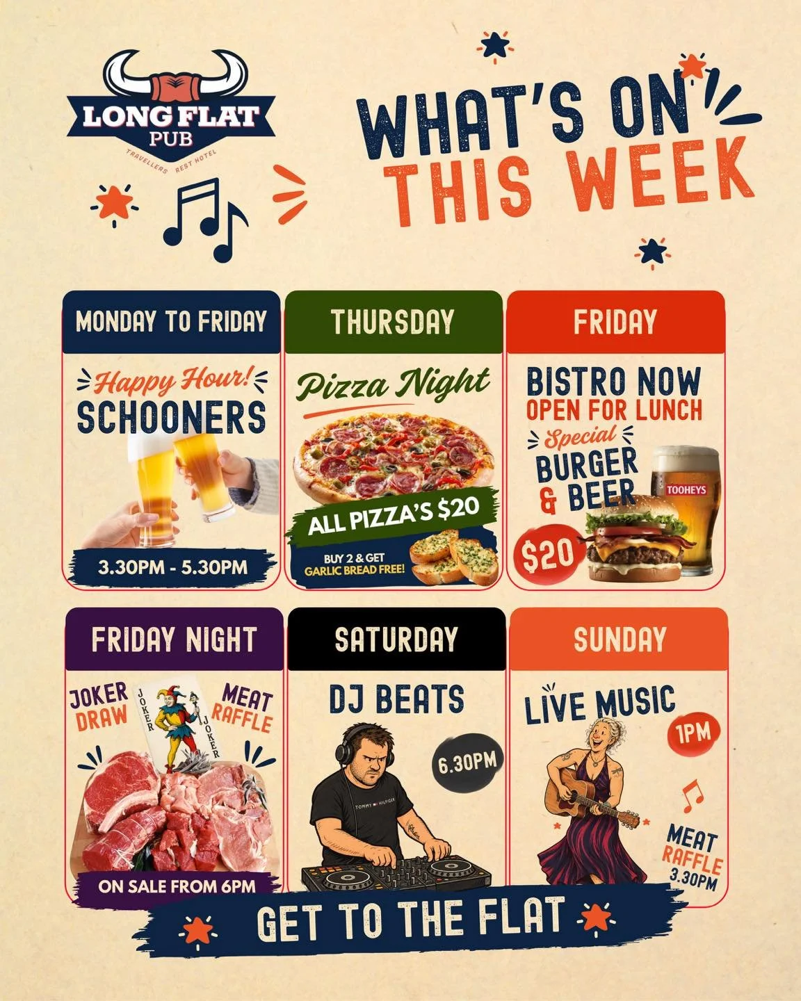 What&rsquo;s on at the Flat this week! 🍻🎶

🍔 Friday Lunch &amp; Dinner- Our Bistro is now OPEN for lunch on Fridays! Come in for our $20 Burger &amp; Beer special.

🎧 SATURDAY DJ BEATS with DJ Nathan Astbury from 6.30pm. 🎶

🎸 SUNDAY LIVE MUSIC 