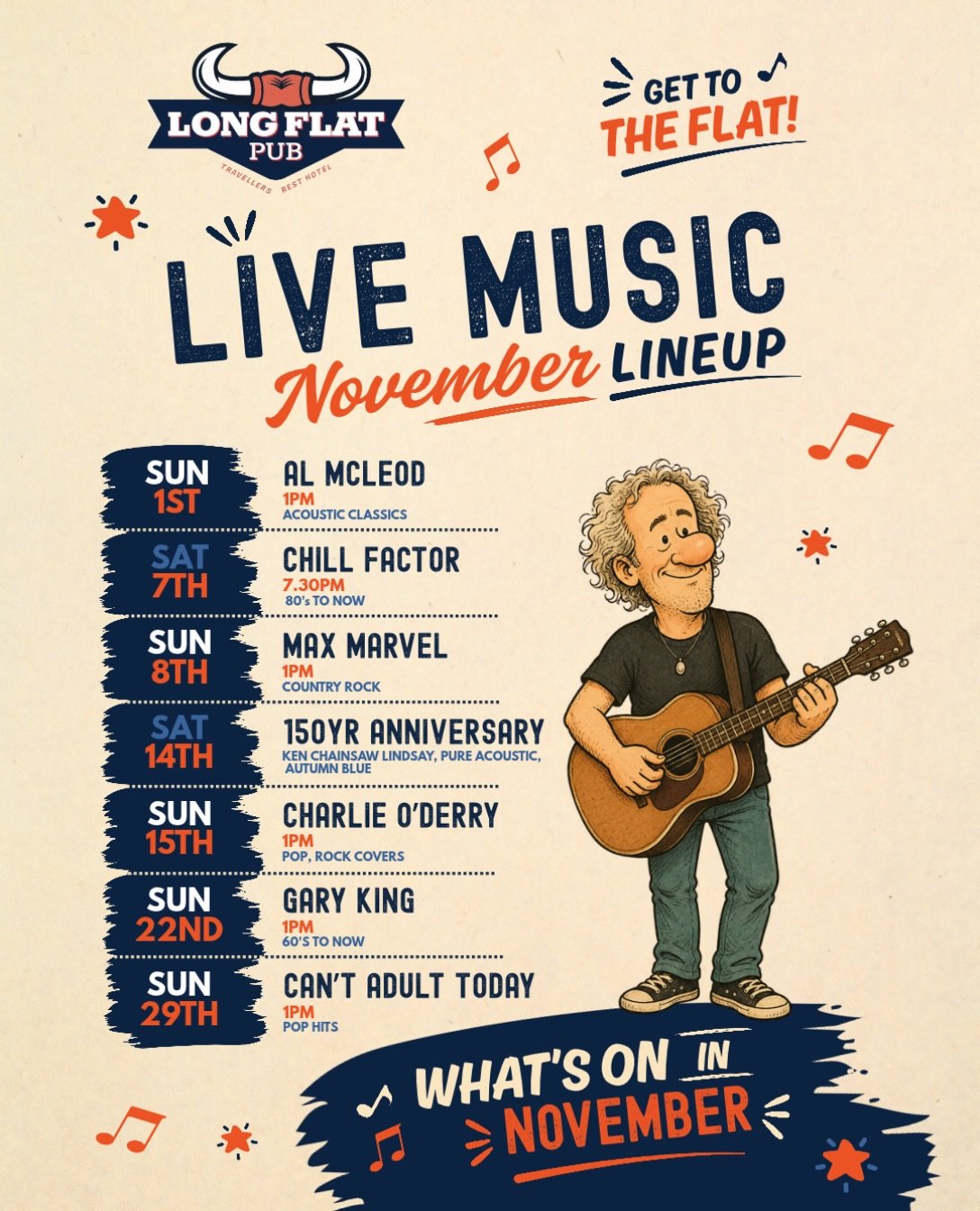 🎸🎶 GET TO THE FLAT! IT&rsquo;S LIVE MUSIC ALL NOVEMBER! 🤠🍻

We&rsquo;ve got your Sundays sorted and your Saturday nights covered! ☀️🎤 There&rsquo;s a cracking lineup of live music heading to Long Flat Pub this November, bringing good tunes, cold