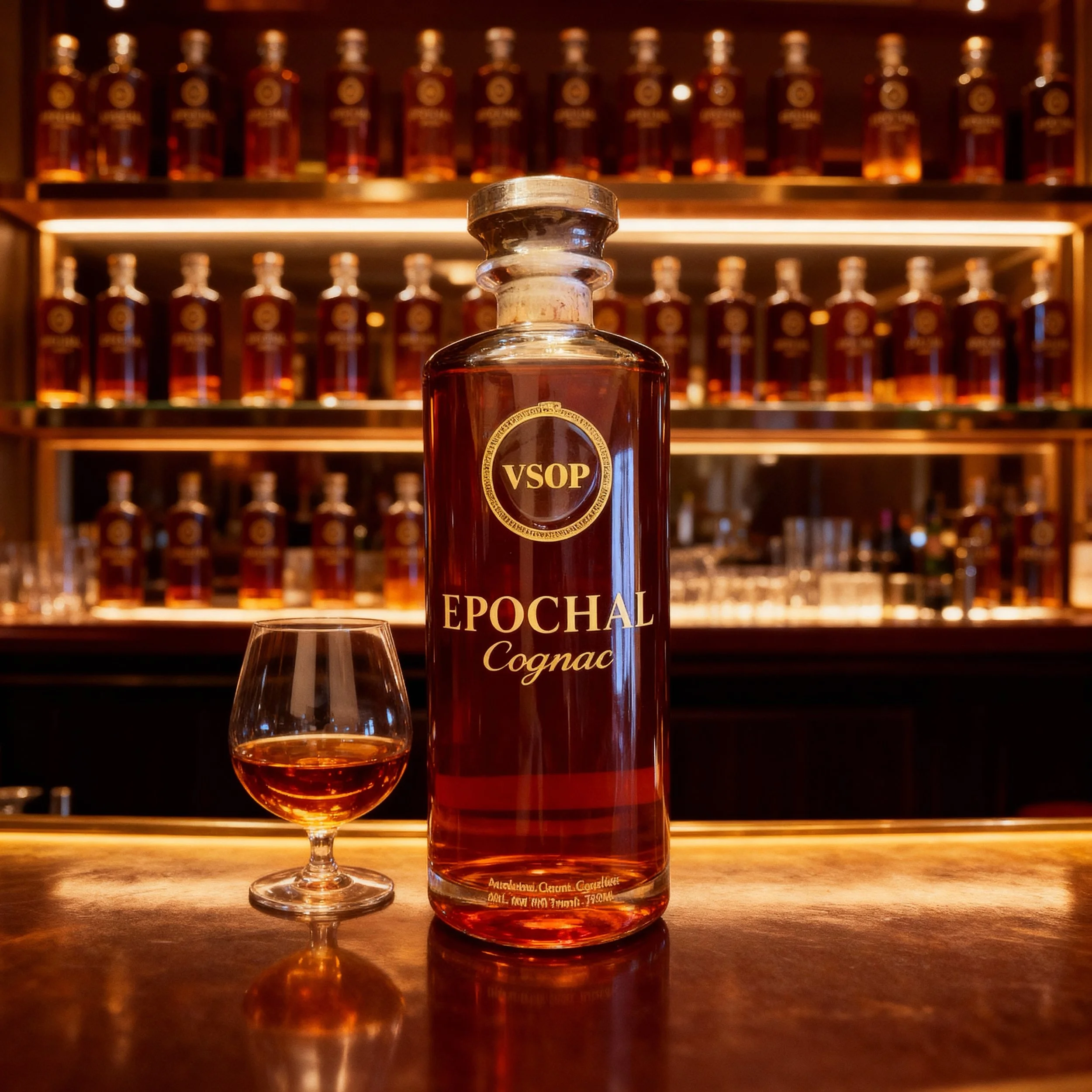 A bottle of Epochal Cognac with a glass of cognac next to it on a bar counter, with shelves of additional bottles of cognac in the background.
