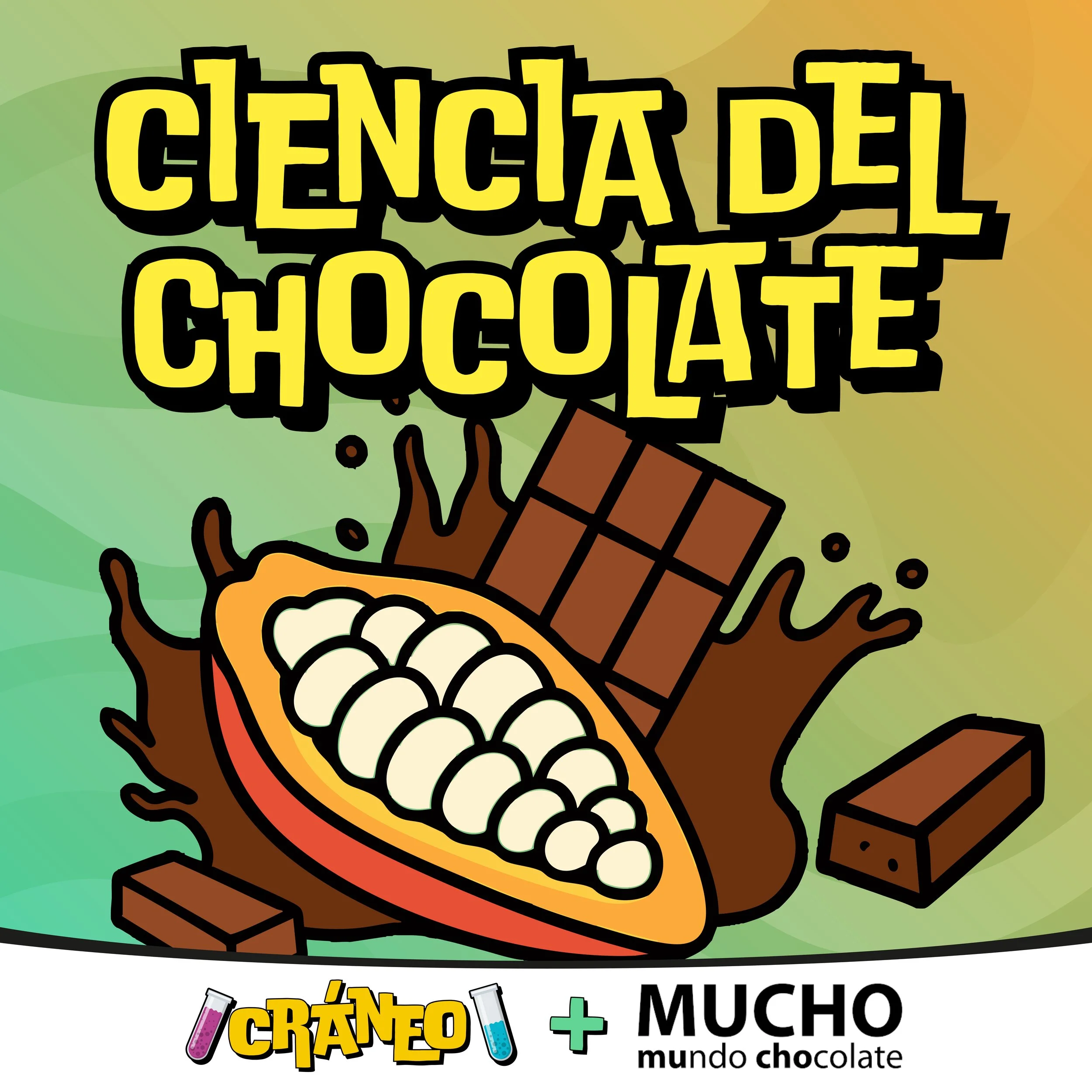“Ciencia del chocolate” aparece en letras amarillas destacadas sobre un fondo verde. Hay una imagen de tabletas de chocolate, chocolate derretido y una planta de cacao abierta. En la parte inferior están los logotipos de Cráneo y del museo MUCHO.