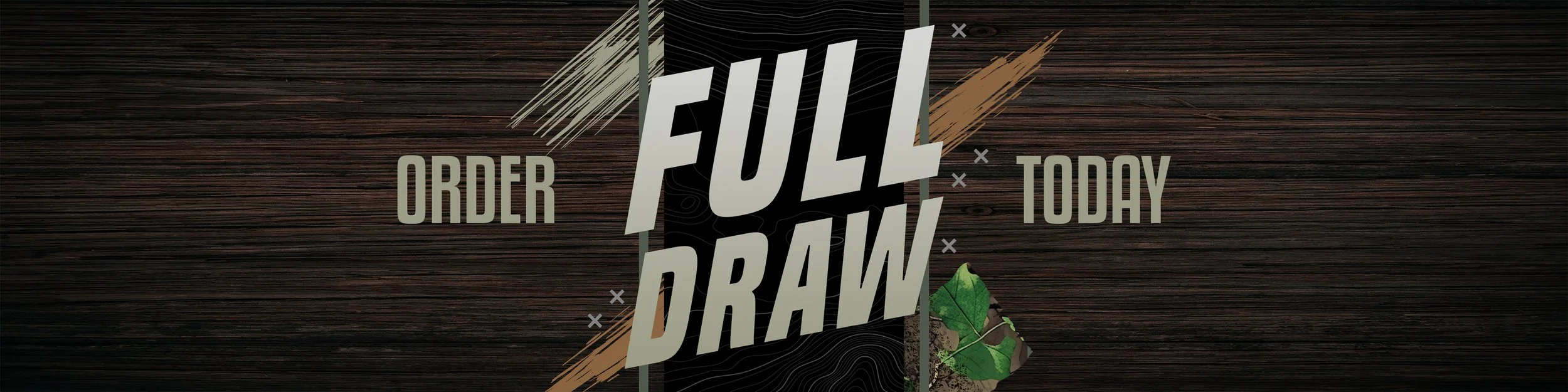 Graphic poster with wooden background and text that reads "Order Full Draw Today" in large letters with autumnal and nature-inspired decorative elements.