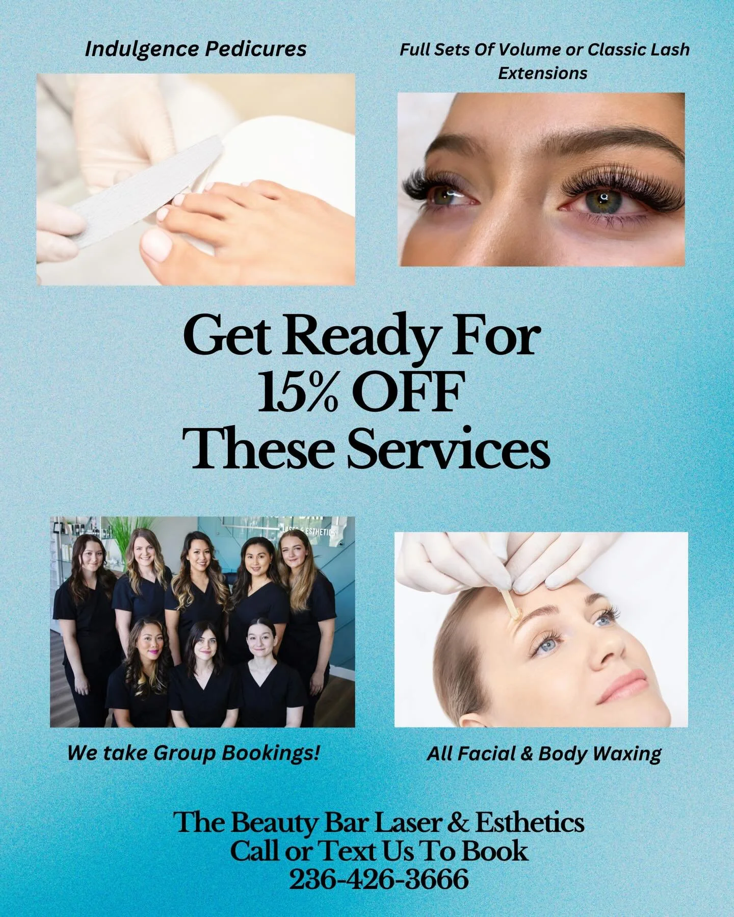 𝟣𝟧% 𝑜𝒻𝒻 𝒫𝓇𝑜𝓂𝑜𝓉𝒾𝑜𝓃𝓈 𝒶𝓇𝑒 𝒷𝒶𝒸𝓀!! 🩵

*15% off Full Body &amp; Facial Waxing (does not apply to waxing bundles)
*15% off Full Sets of Volume or Classic Lashes
*15% Indulgence Pedicures (includes extra moisture mask &amp; paraffin wa