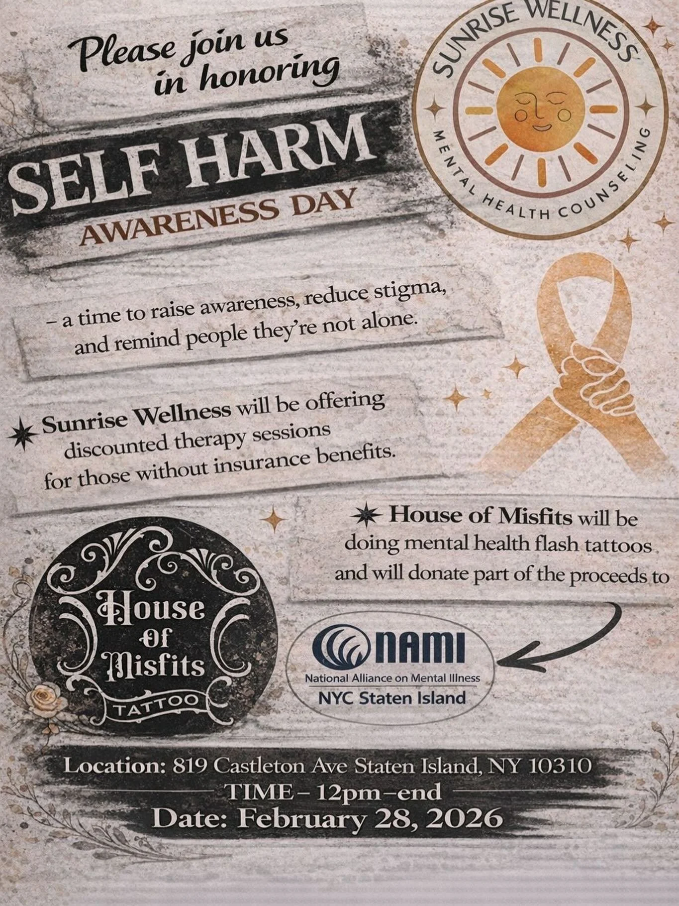 ✨DATE CHANGE TO FEB 28TH✨everyone put it on ya calendars! End of this month I&rsquo;ll be hanging with Liz at @houseofmisfitstattoo for Self Harm Awareness day talkin all things mental health. We decided to collaborate on this event to raise awarenes