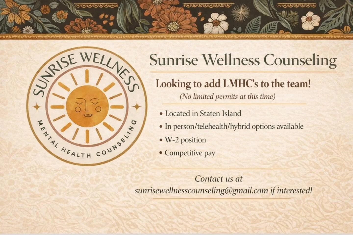 Looking to continue growing and thriving! Any LMHC&rsquo;s out there wanna join the best team ever?? Send me an email or DM🌞 sunrisewellnesscounseling@gmail.com #lmhcjobs #therapistnyc #lmhc #privatepractice #bestjobever