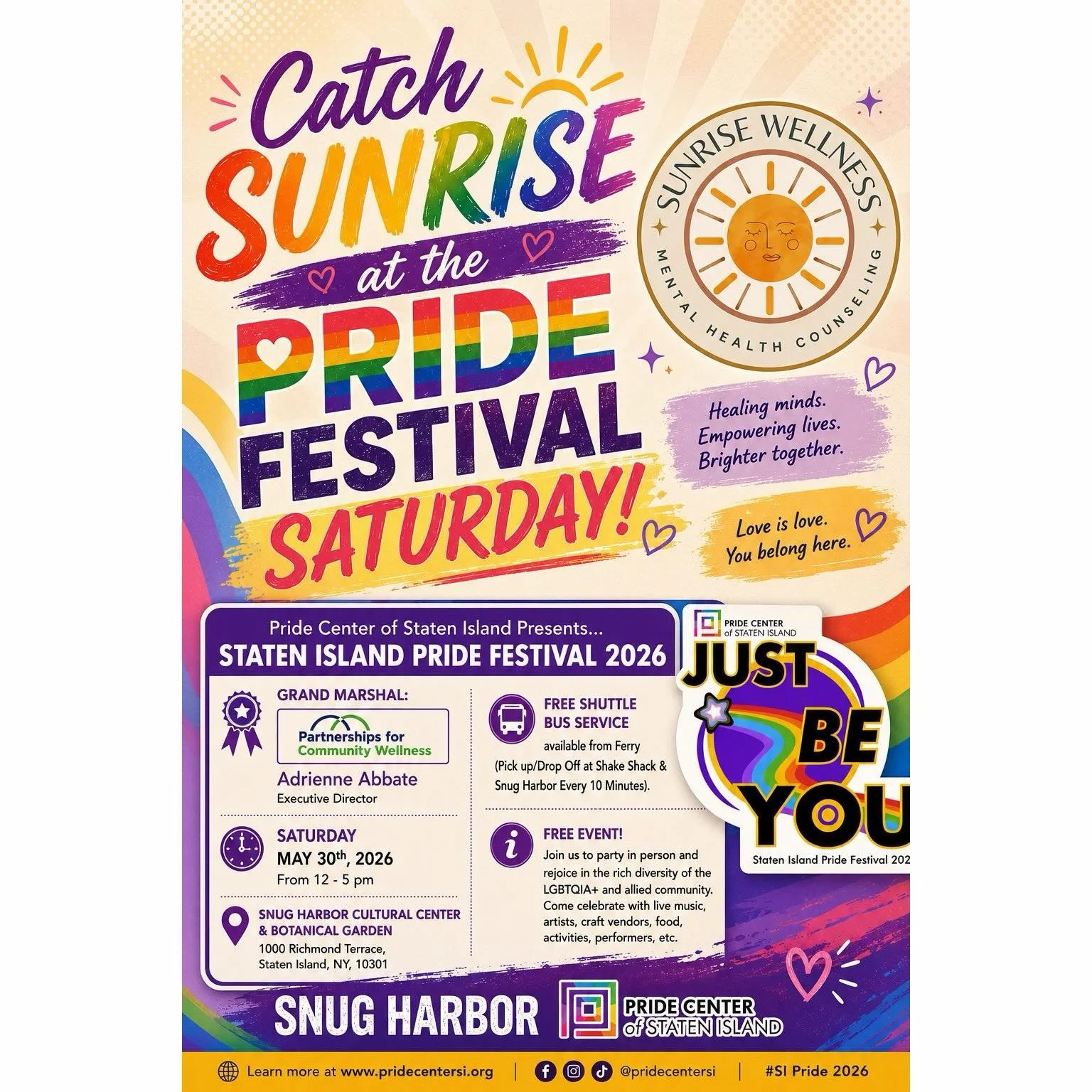This Saturday! Catch me and the team at Snug Harbor this weekend supporting the Staten Island Pride Festival. Come say hi, ask any questions you might have, and sign up to get your therapy journey started. We love what we do and we&rsquo;d love to sh