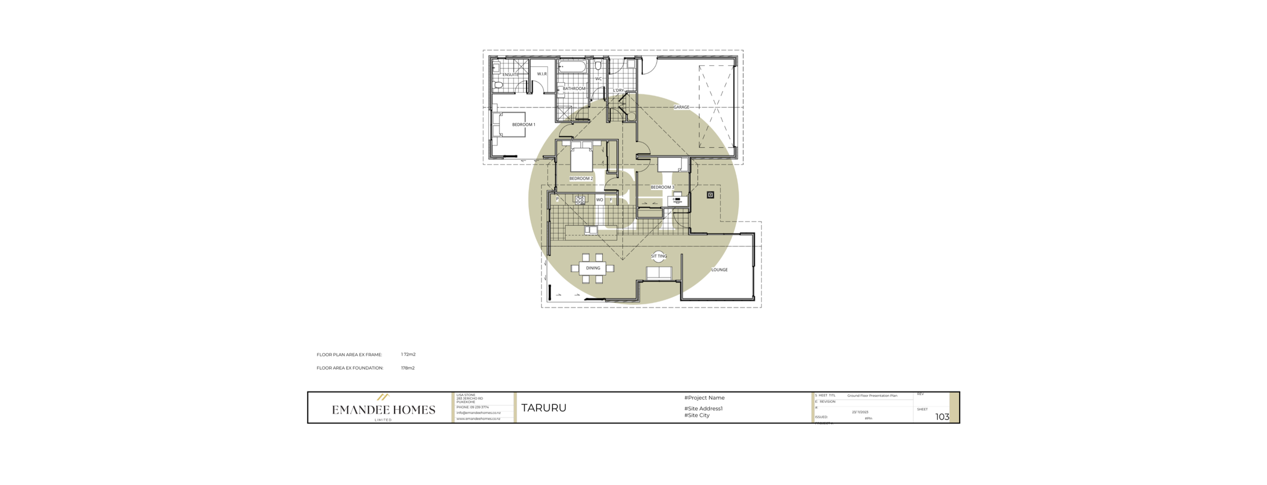 Architectural floor plan of a home named Taruru by Emande Homes, showing rooms such as bedrooms, bathrooms, living and dining areas, and garage.