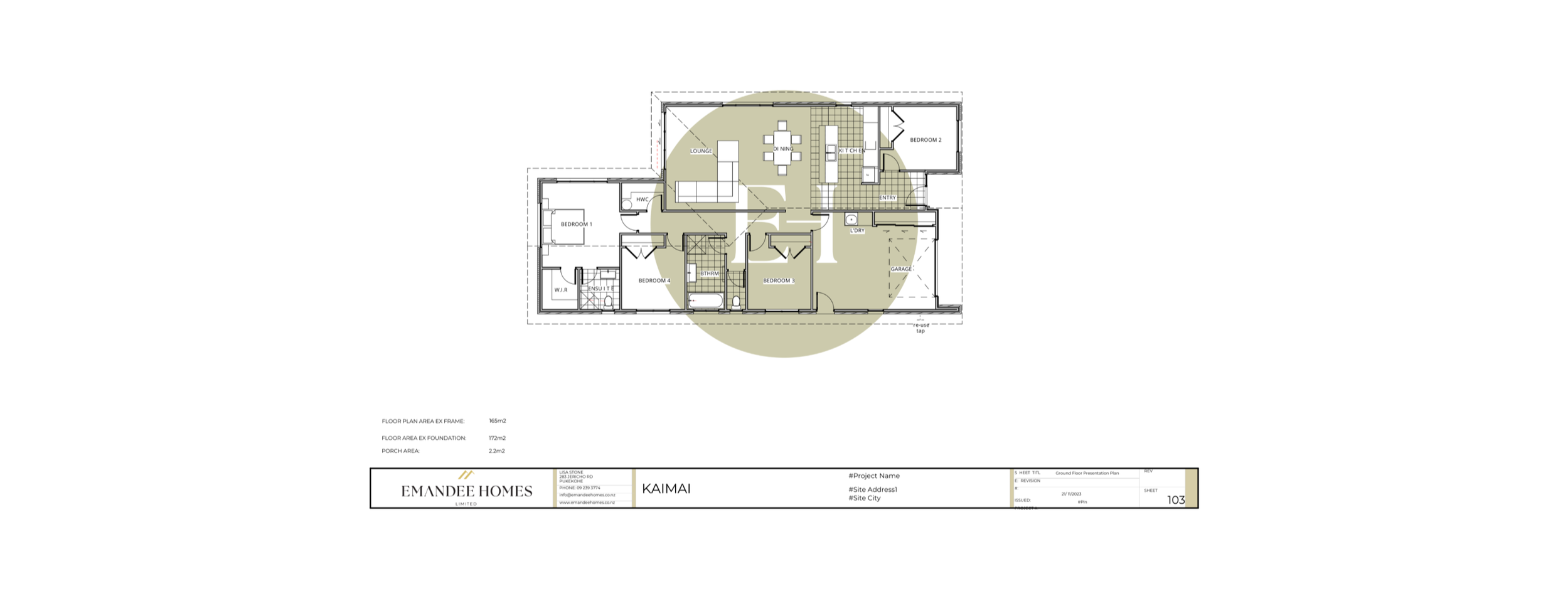 Floor plan of a house labeled 'KAIMAI' showing bedrooms, bathrooms, kitchen, living room, laundry, garage, and outdoor spaces with annotations and measurements.