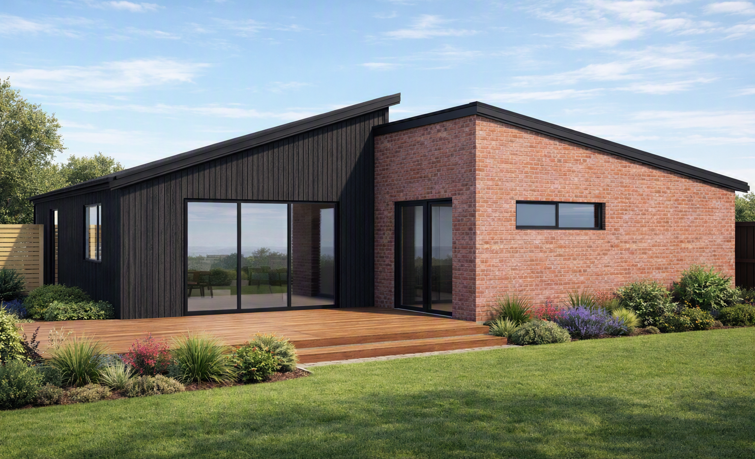 Modern house with black metal siding, red brick walls, a wooden deck, and a fenced backyard.