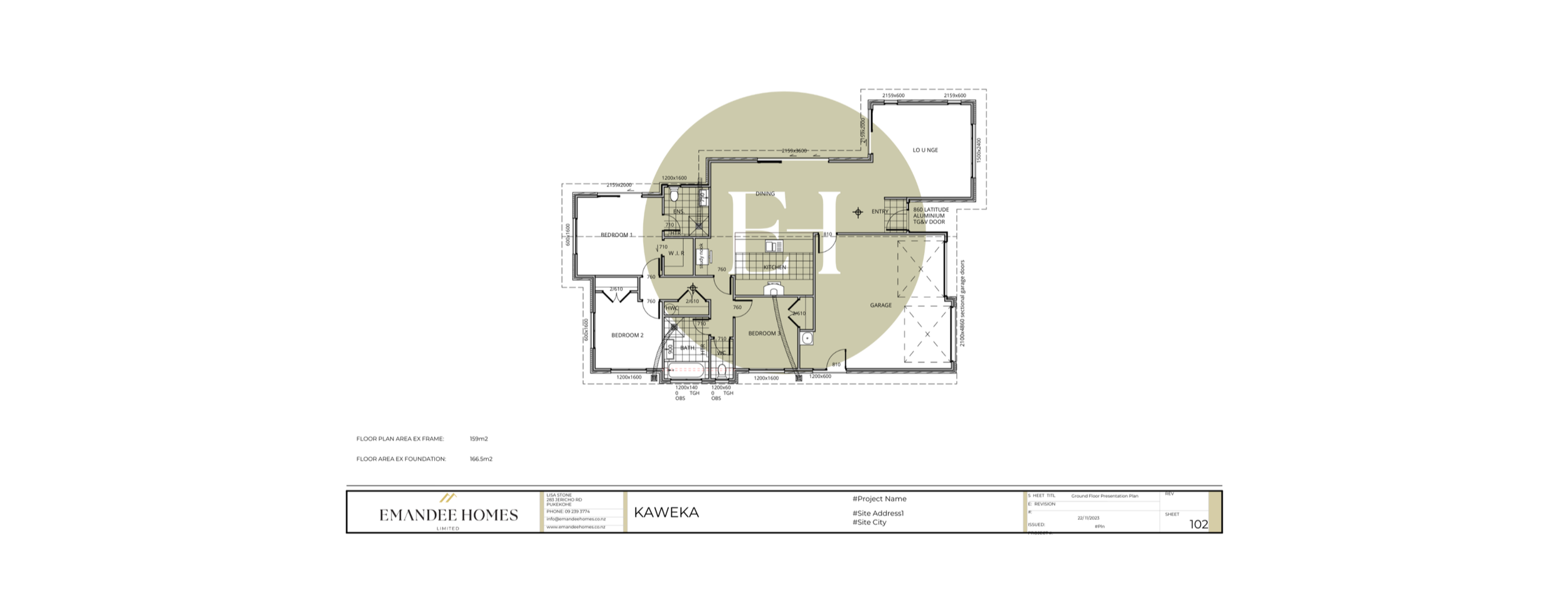 Architectural floor plan of a house with labeled rooms including bedrooms, bathrooms, kitchen, dining, lounge, garage, and entry, with a highlighted area for sunlight exposure.