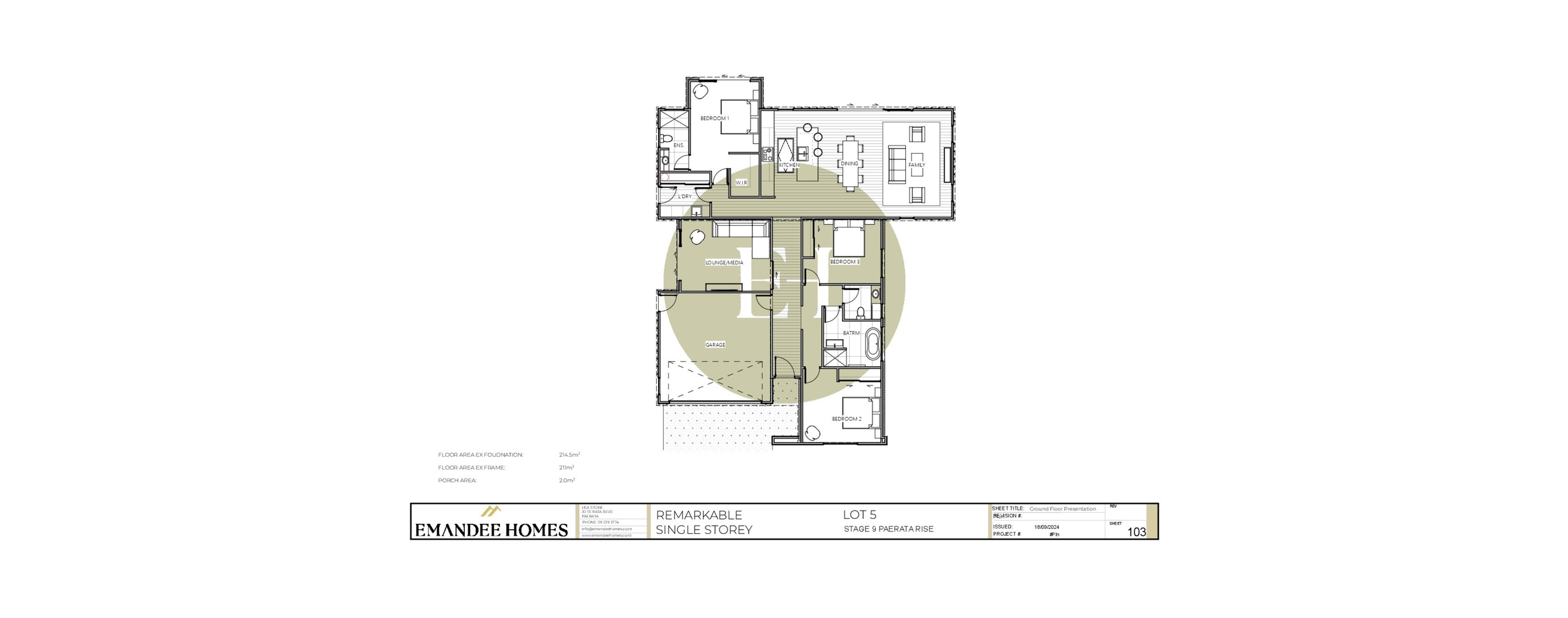 Floor plan of a single-story house showing multiple bedrooms, bathrooms, a garage, a living area, and a kitchen.