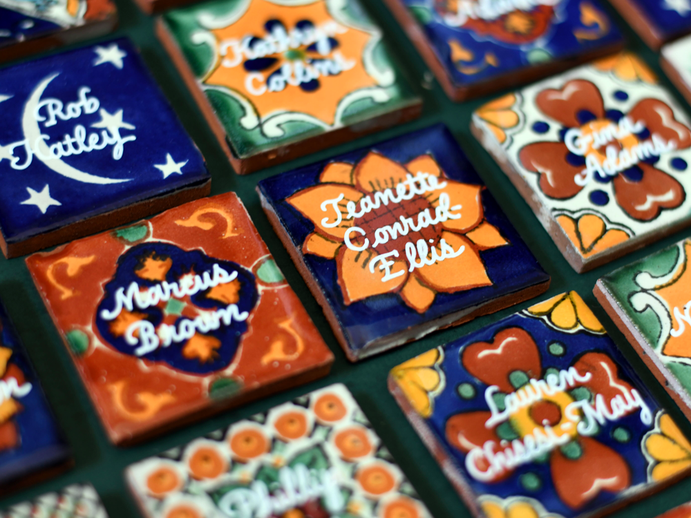 Azulejo tiles hand lettered with guest names