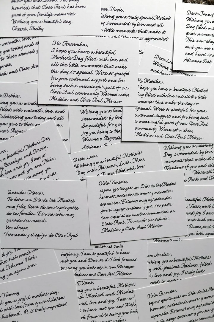 Penned calligraphy note cards on white cards