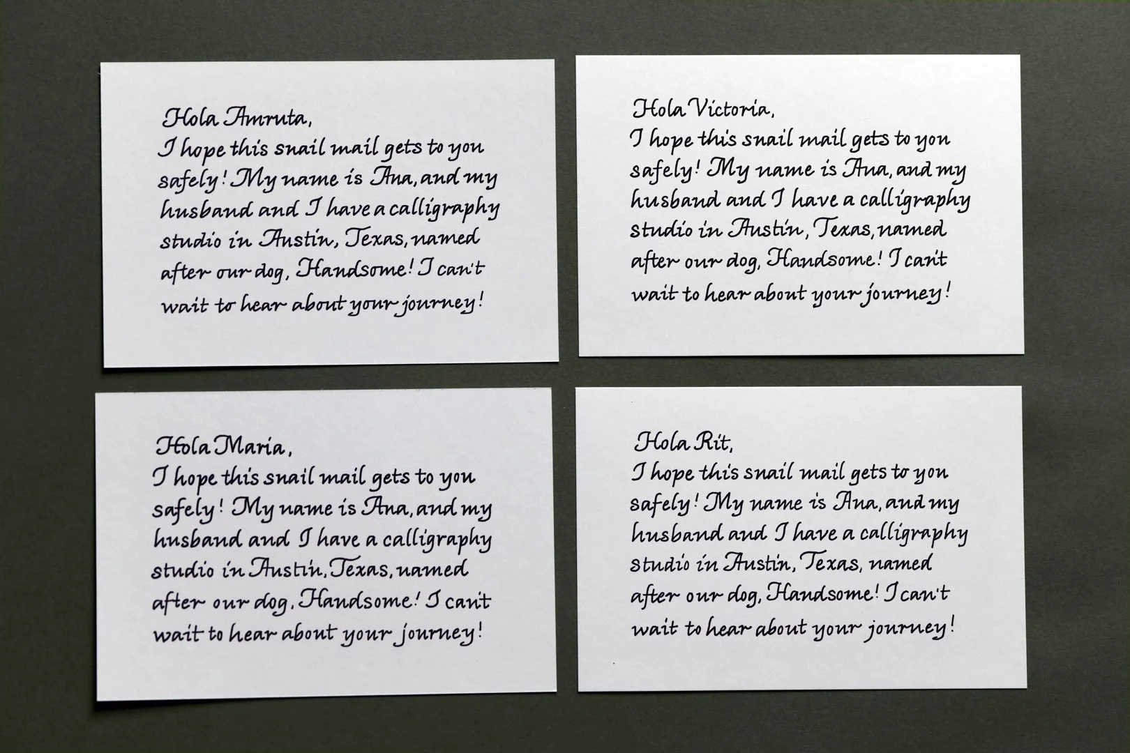 Hand penned note cards in black ink