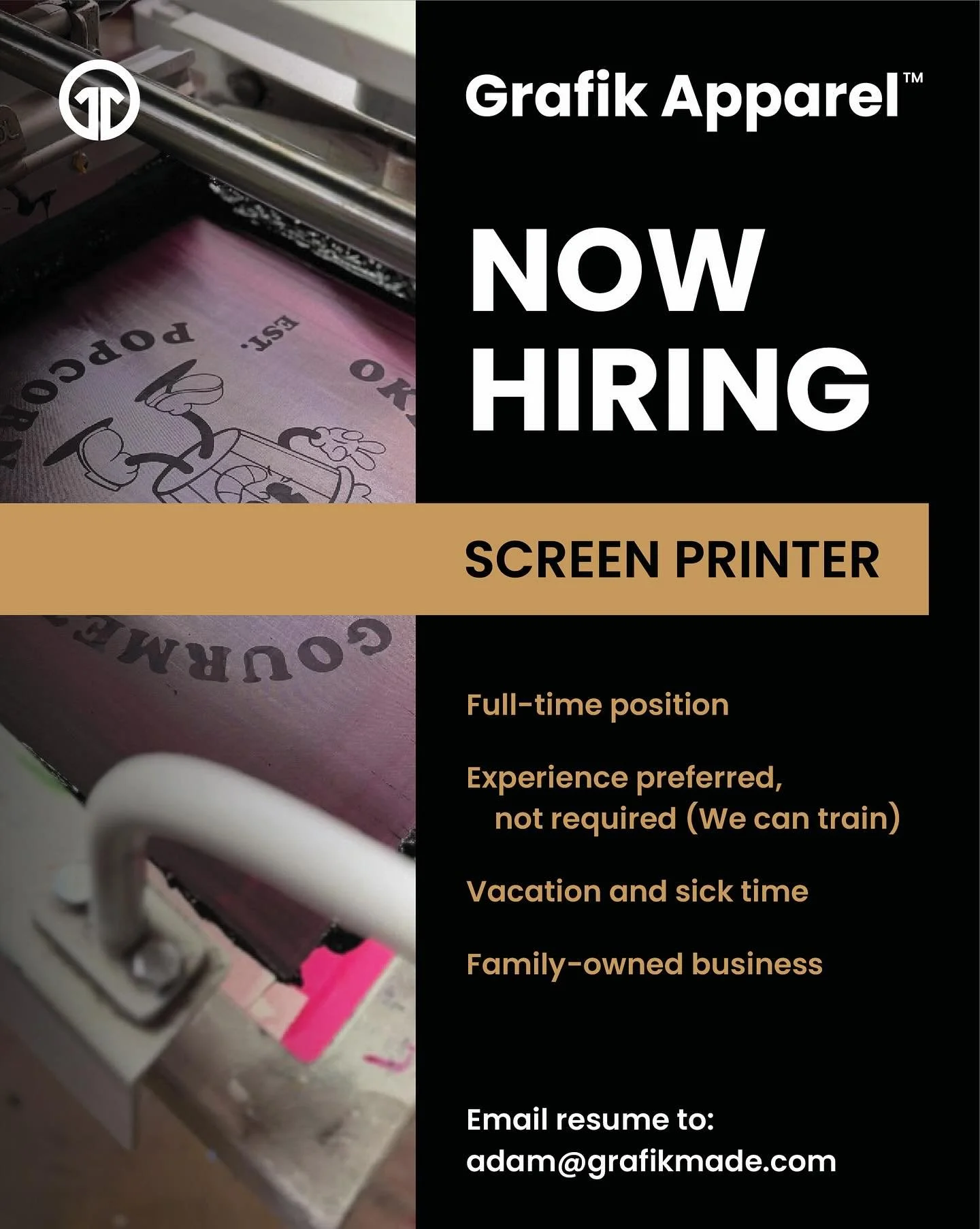 Our team is growing! We&rsquo;re looking to add another screen printer on. Experience is preferred but not required. We&rsquo;re happy to train the right person.