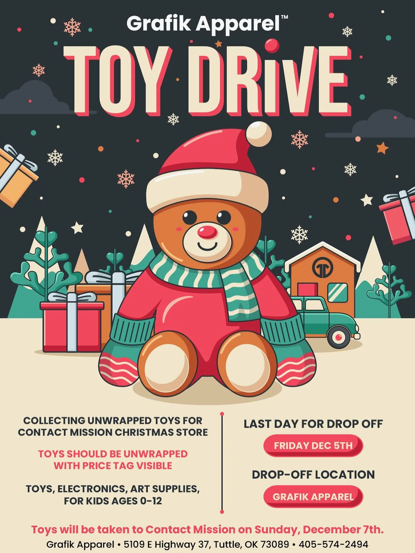 Hey guys! We&rsquo;re running a toy drive now through Friday, December 5th. For the next three weeks, we&rsquo;re collecting new, unwrapped toys to help give kids the Christmas they deserve through the Contact Mission Christmas Store - a cause that&r
