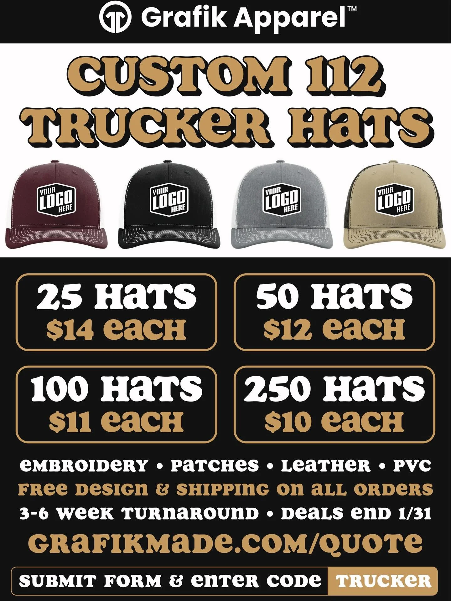 Ending January with a deal on custom trucker hats. 
Bulk pricing + free design &amp; shipping.
Submit quote form and use code TRUCKER by 1/31.