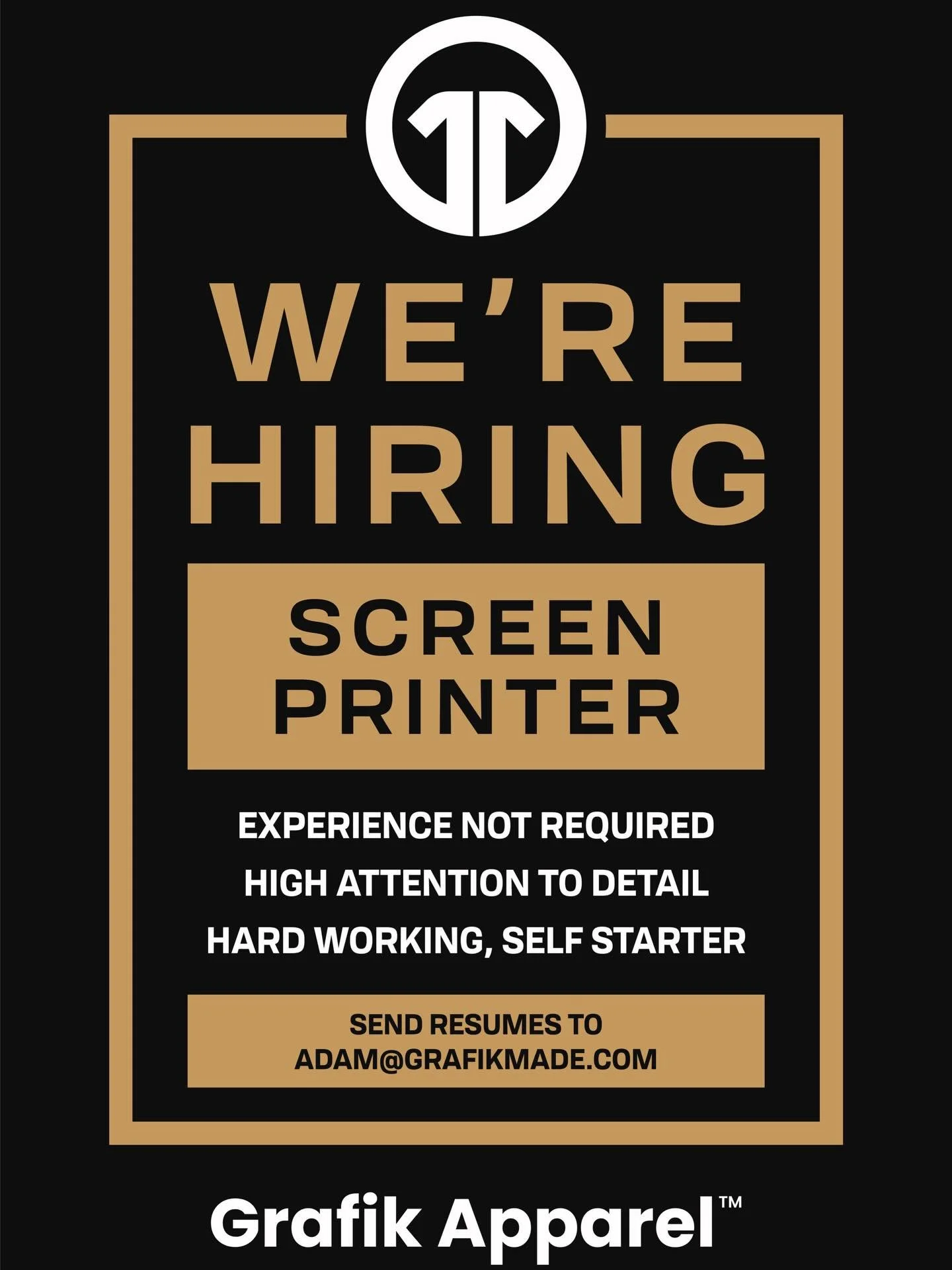 We&rsquo;re hiring a Screen Printer to join our team!

Looking for someone with high attention to detail, a strong work ethic, and a self-starter mindset.

&bull; Full-time position
&bull; Sick &amp; vacation time
&bull; Family-owned shop
&bull; Fast