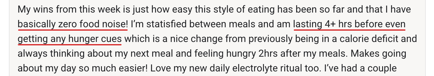 Client testimonial: zero food noise and full for 4+ hours