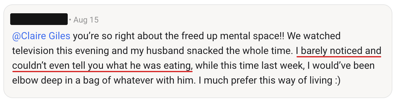 Client testimonial: free from cravings and mindless snacking