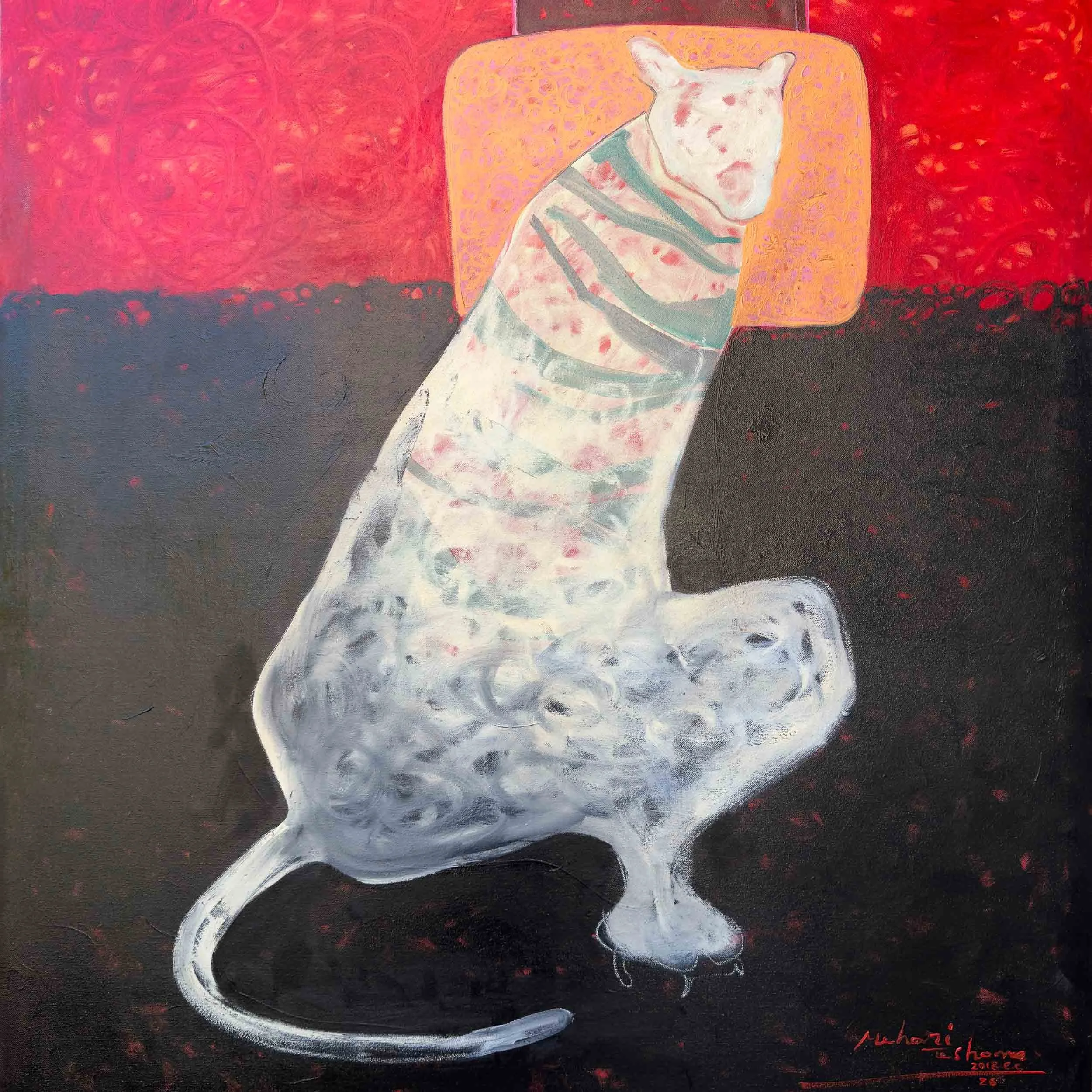 የማዕከሉ ቅርፅ
The shape of the center
It expresses a secret longing for an internal vocal vibration, reflecting the emotional tension with deep interest and assuming a respectful focus."
size-120cm x 110cm
Media-oil on canvas 
Price-140,000 ETB | 868 USD