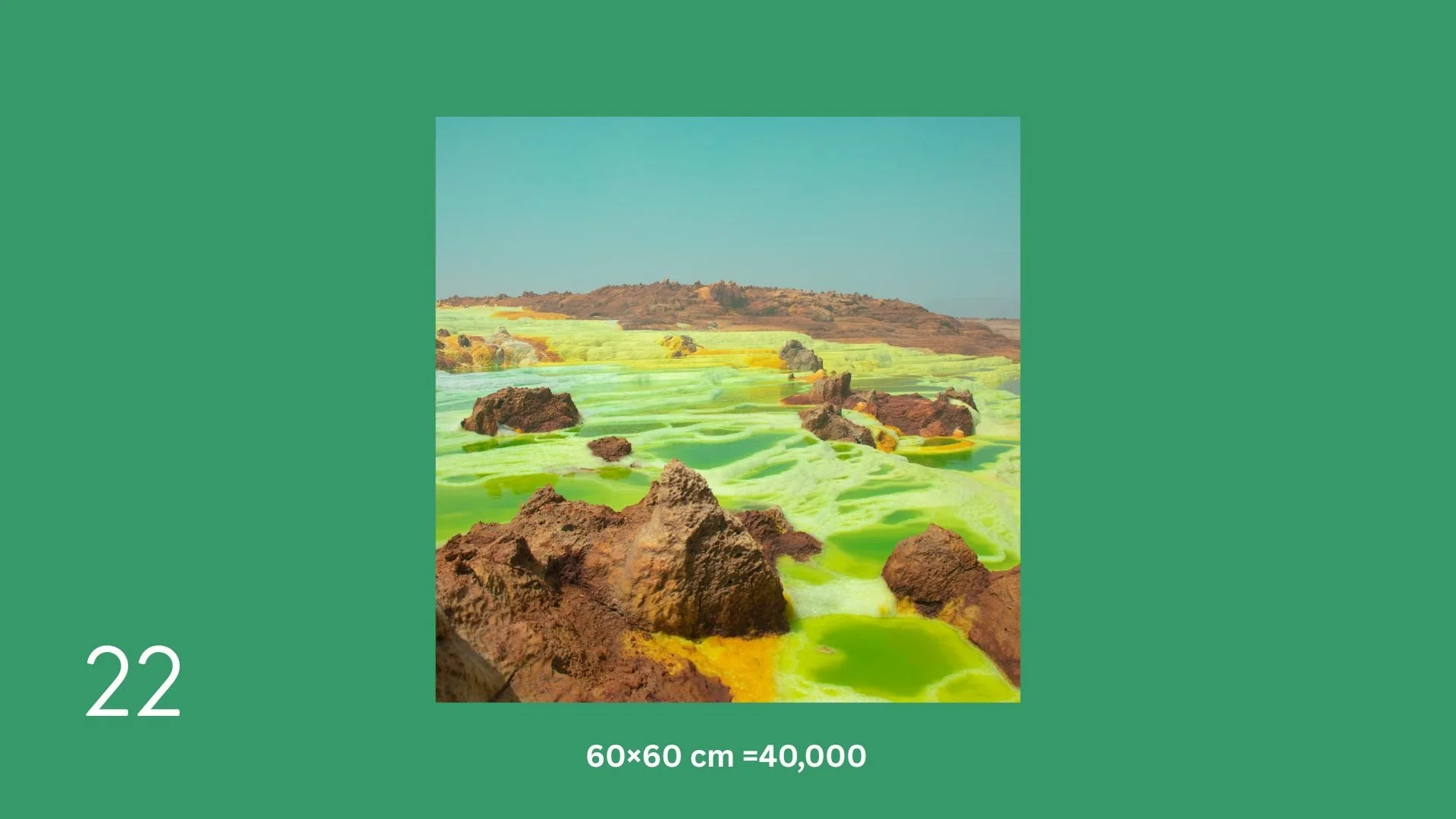 Image of a landscape with rocky terrain and bright yellow-green substance covering the ground, under a clear blue sky.