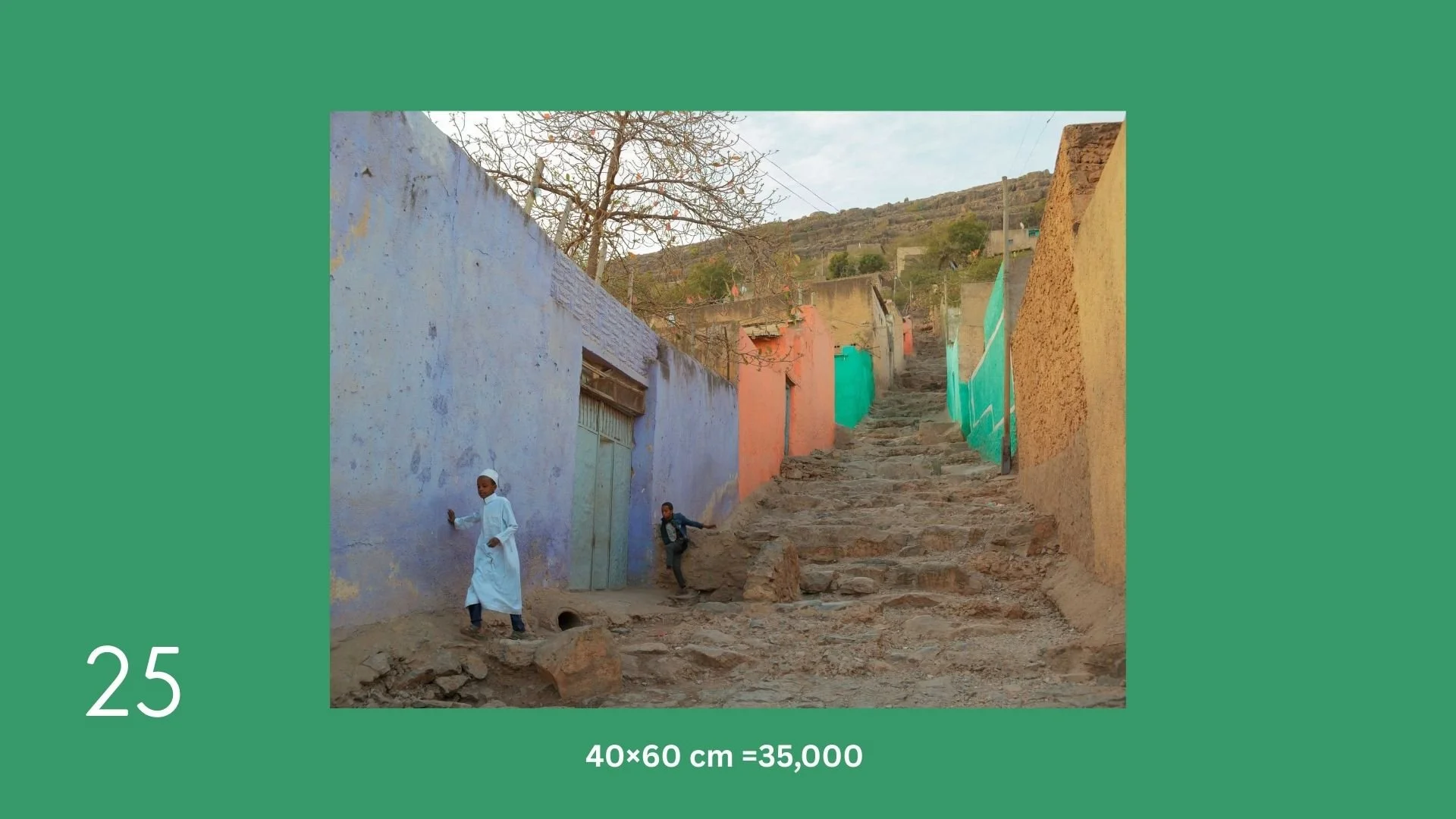 Colorful mural houses with steps leading up a hillside, featuring two children playing on the uneven dirt path. One child wears traditional clothing, and the other is in casual attire, all with a hillside and trees in the background.