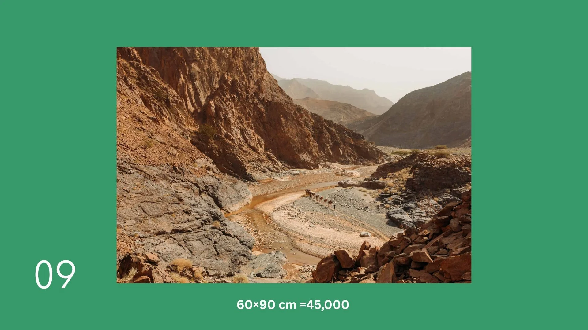 Desert canyon with rocky cliffs and a winding dry riverbed with small water channels, distant mountains in arid landscape.