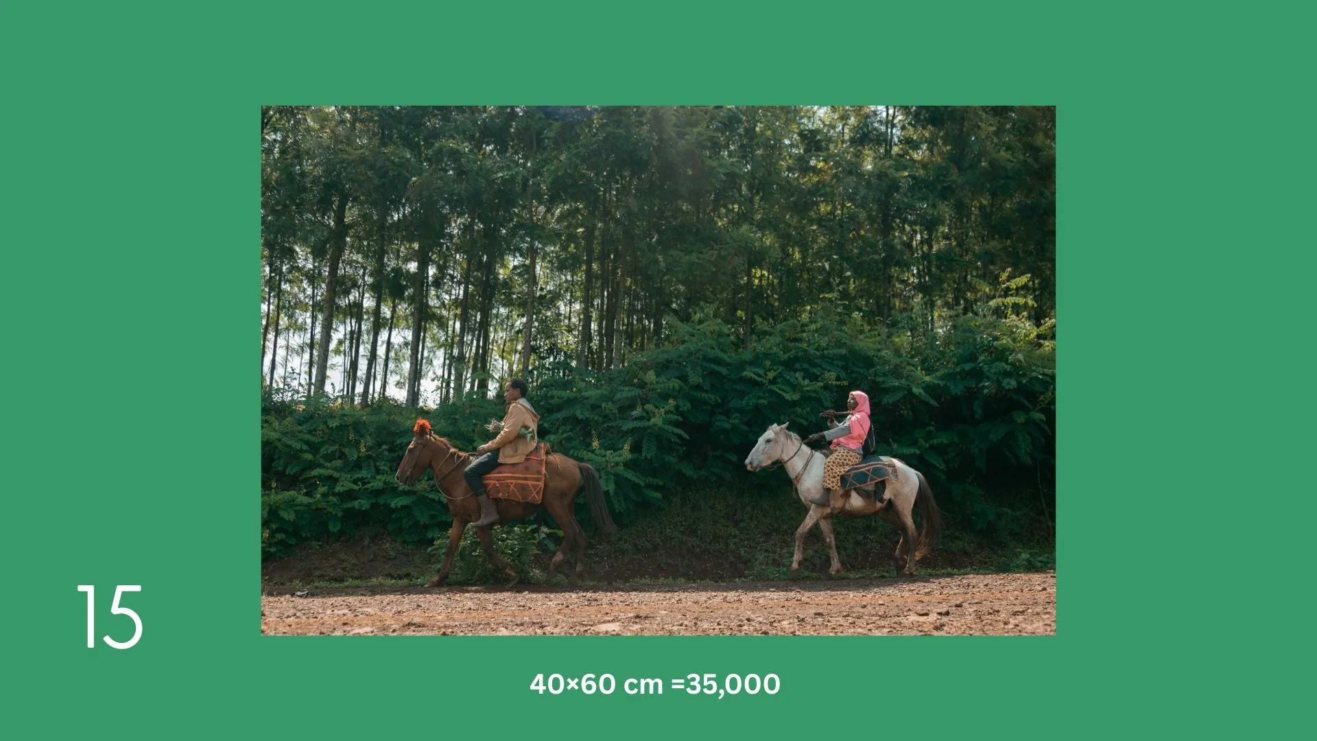 Two children riding horses on a dirt trail with dense green forest in the background.