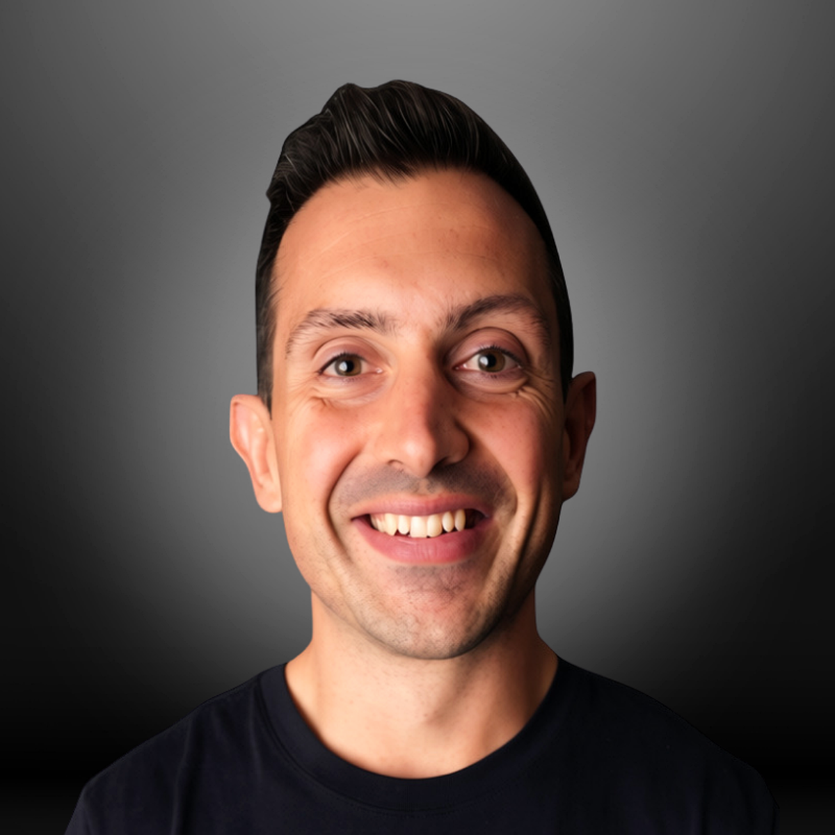 A smiling man with short dark hair and light skin, wearing a black t-shirt, against a gray background.