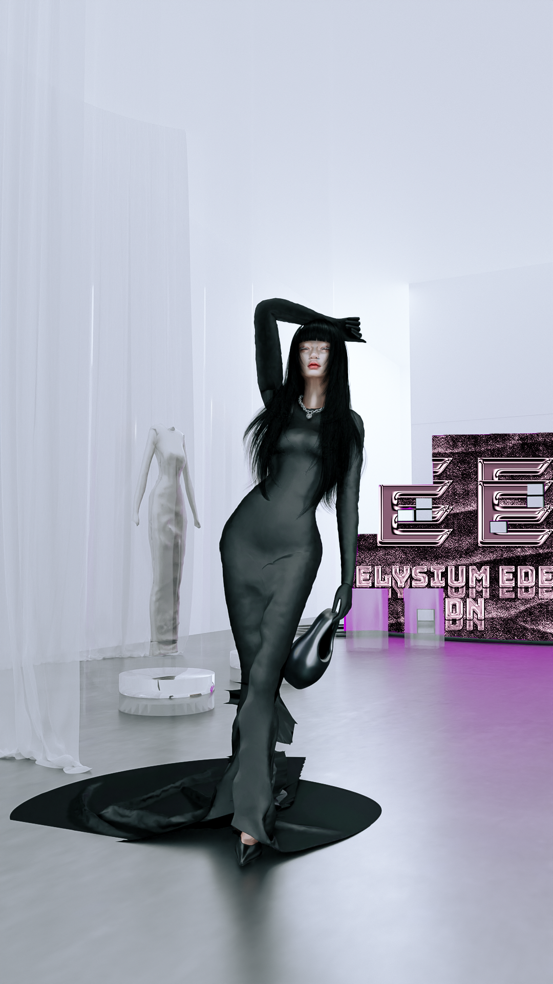 A woman with long black hair wearing a sheer black dress and black gloves poses in a modern art gallery with white walls. She holds a black handbag and stands on a black circular rug. Behind her, there is a sculptural dress on a mannequin and a neon 