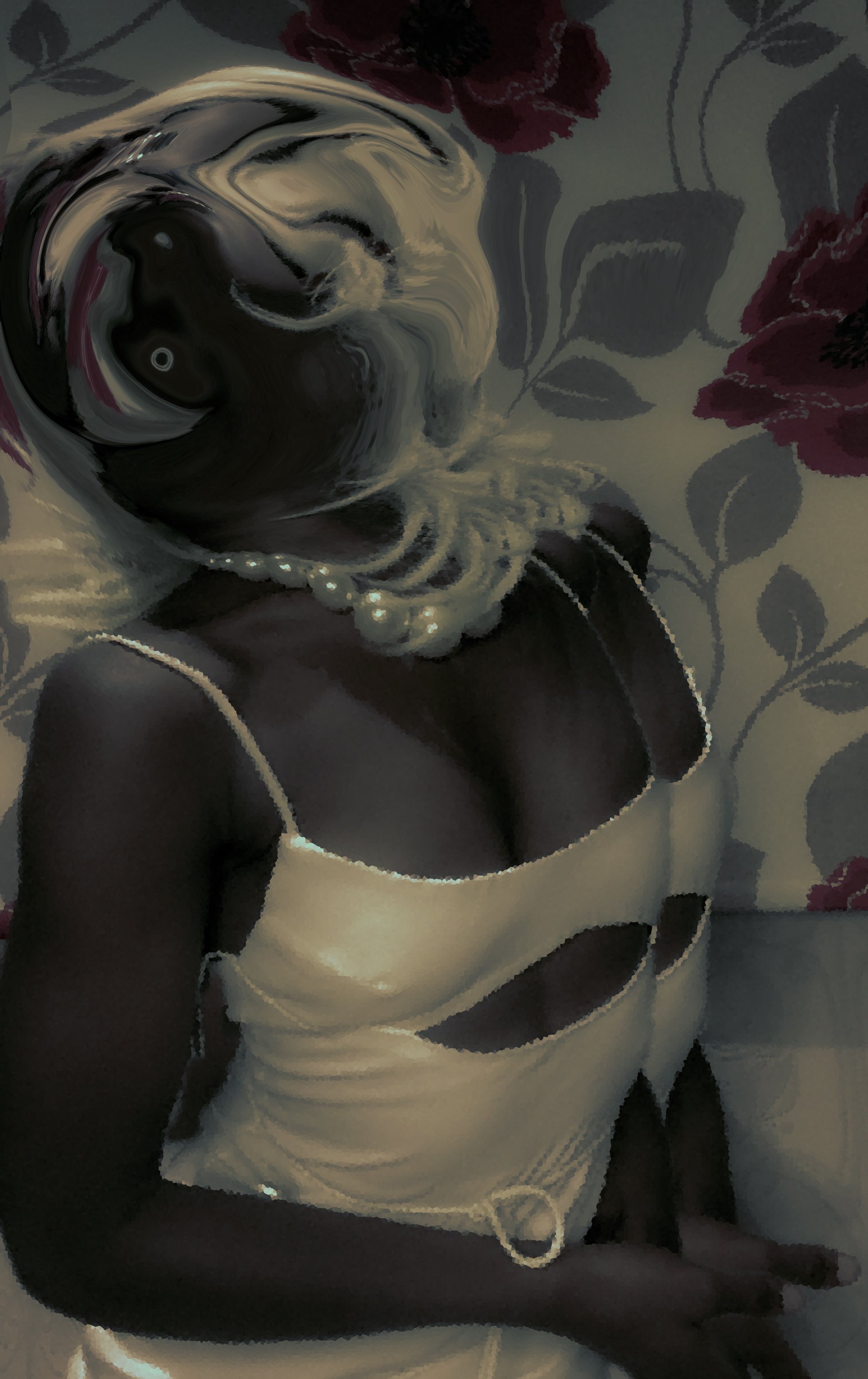 Woman with dark skin wearing a beige camisole, pearl necklace, and pearl earrings, taking a selfie in front of floral wallpaper with red and gray flowers.