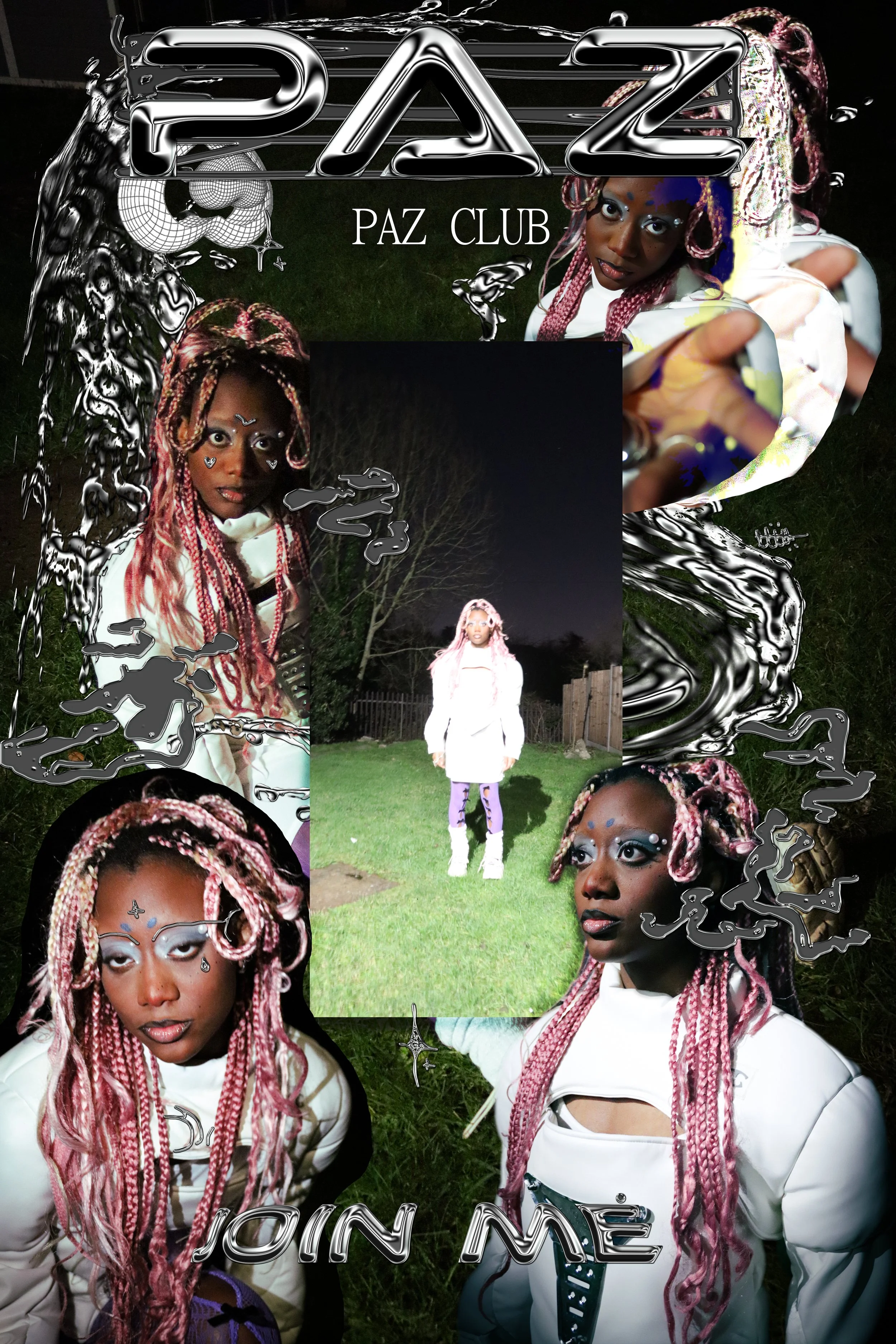 Nighttime outdoor scene featuring a person with pink braided hair, face makeup, and decorative accessories, standing on grass with a fence and trees in the background. Overlaid text reads "PAZ" and "JOIN ME".