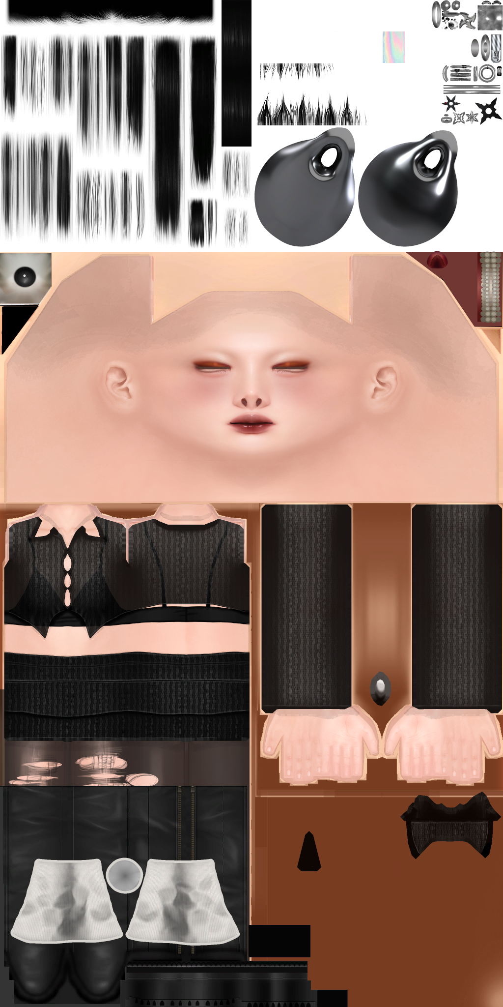 A 3D model texture map for a human character, including facial features, hair, clothing, and accessories.