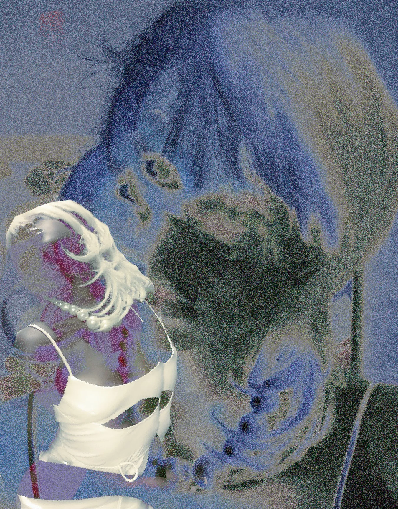 A person with blue hair and glasses is standing next to a life-sized skeleton model. The person is bent over slightly, holding a pair of glasses, and wearing a jacket with long sleeves. The skeleton is holding a pink book or tablet. The background ap