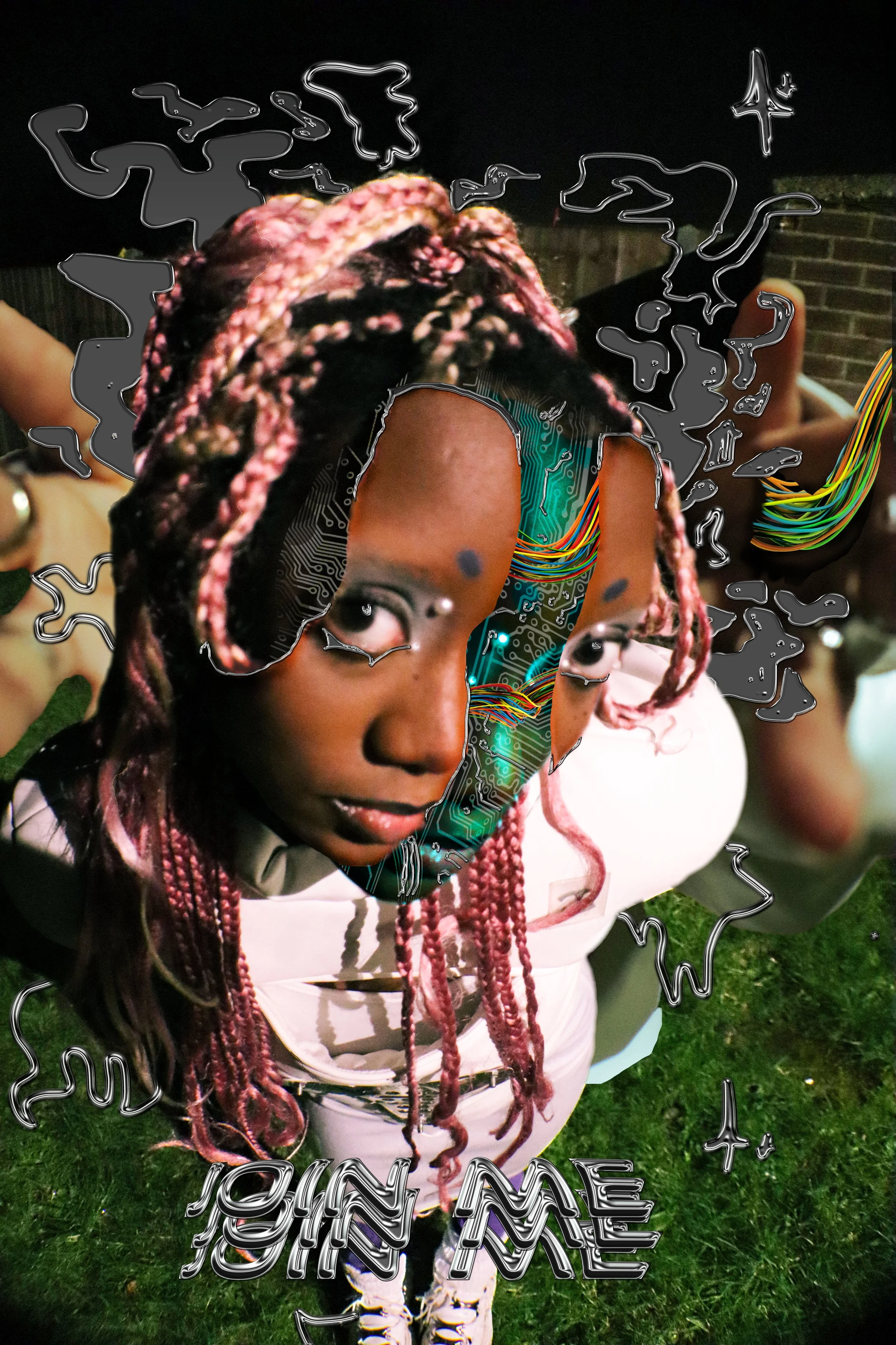 A woman with pink braided hair and a black tattoo on her face, looking down, holding her hair, with text overlay in a 3D style and circuit patterns on her neck and arm, taken at night outdoors.
