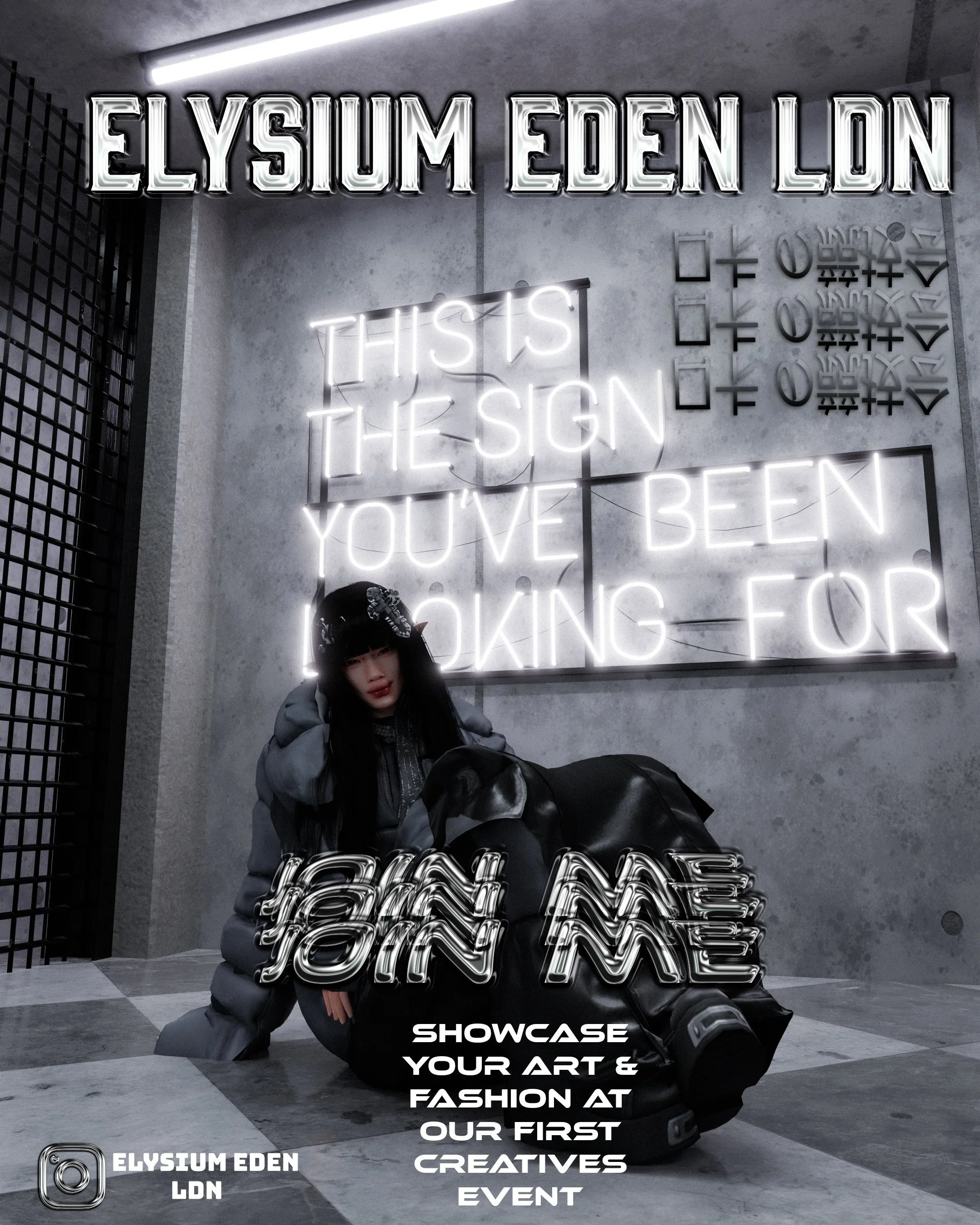 Interior of an art and fashion showcase venue with neon signs that read 'ELYSIUM EDEN LDN,' 'THIS IS THE SIGN YOU'VE BEEN LOOKING FOR,' and 'SHOWCASE YOUR ART & FASHION AT OUR FIRST CREATIVE EVENT.' A person wearing dark clothing and a black baseball cap with hair partially covering their face is sitting against the wall.