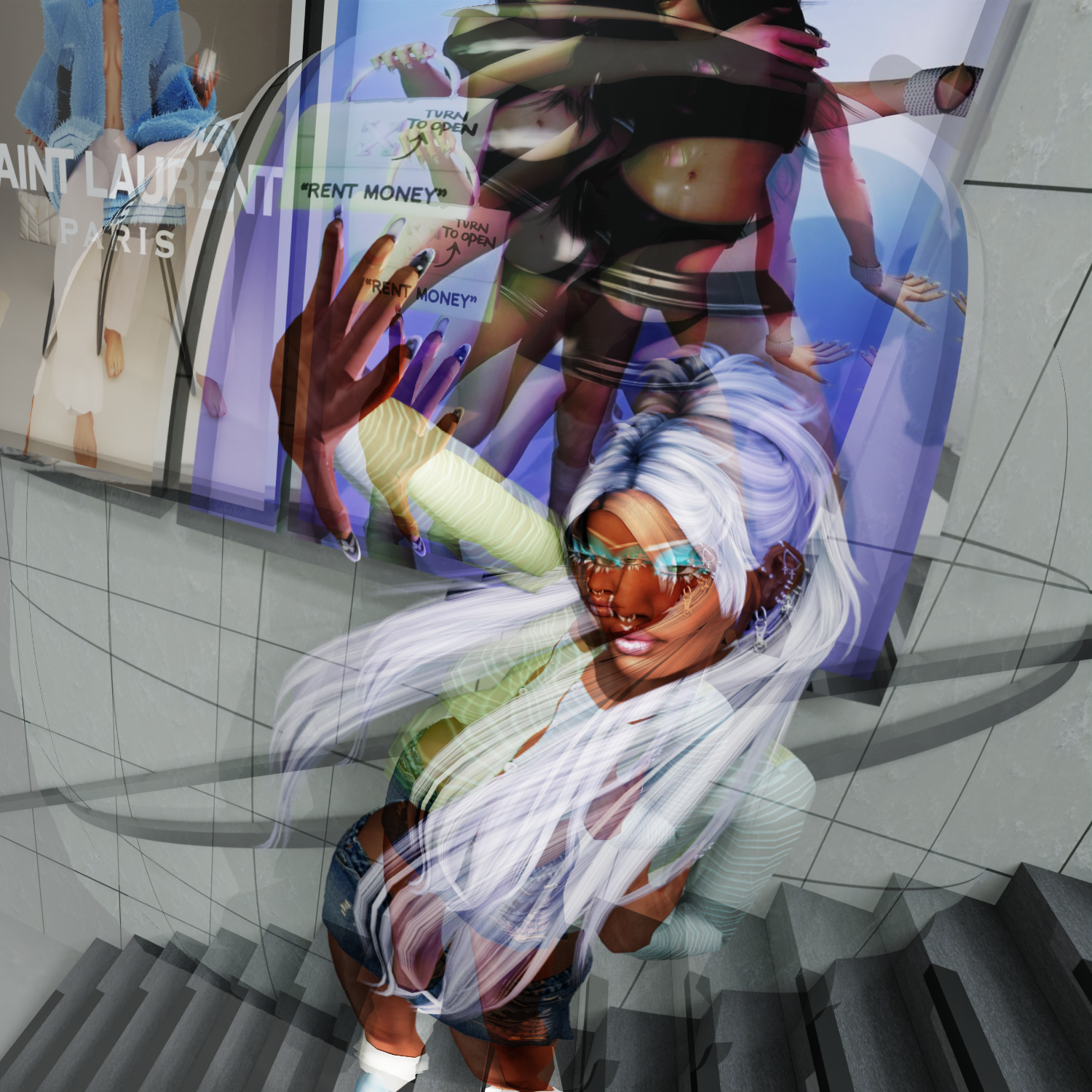A woman with long white hair, green-tinted glasses, and gold earrings is standing on a staircase in front of an abstract, multi-layered, distorted digital image.
