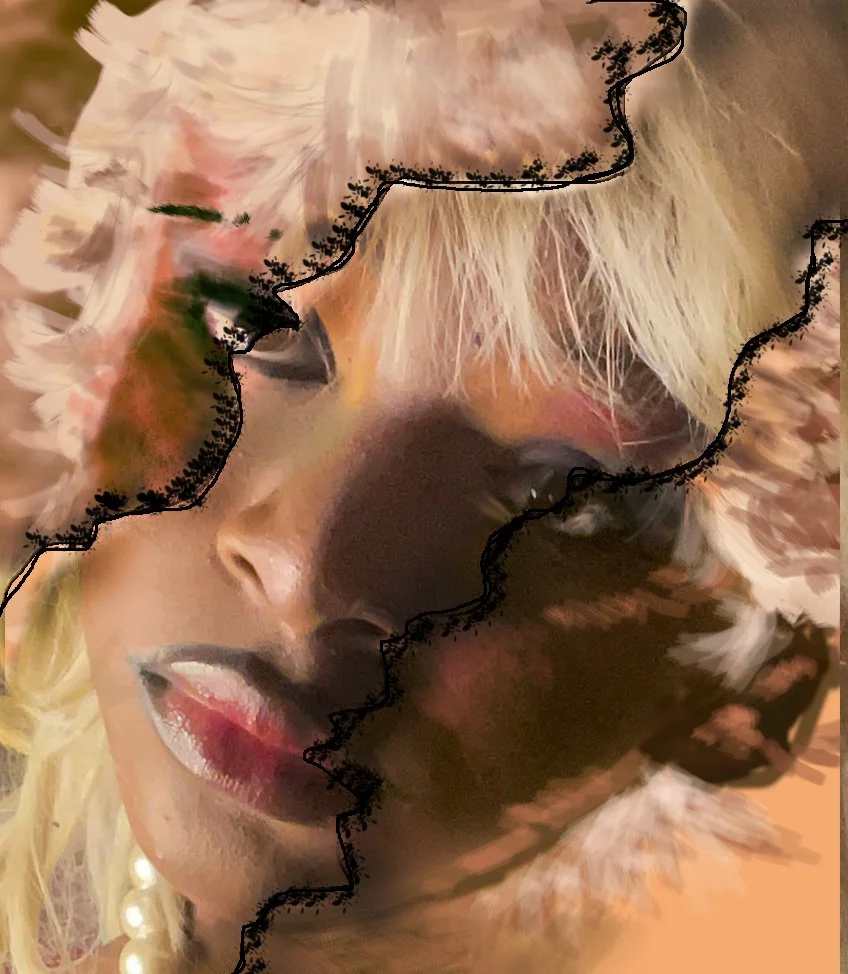 Close-up of a woman with blonde hair, makeup, and pearl jewelry, with torn paper effect overlaying her face.