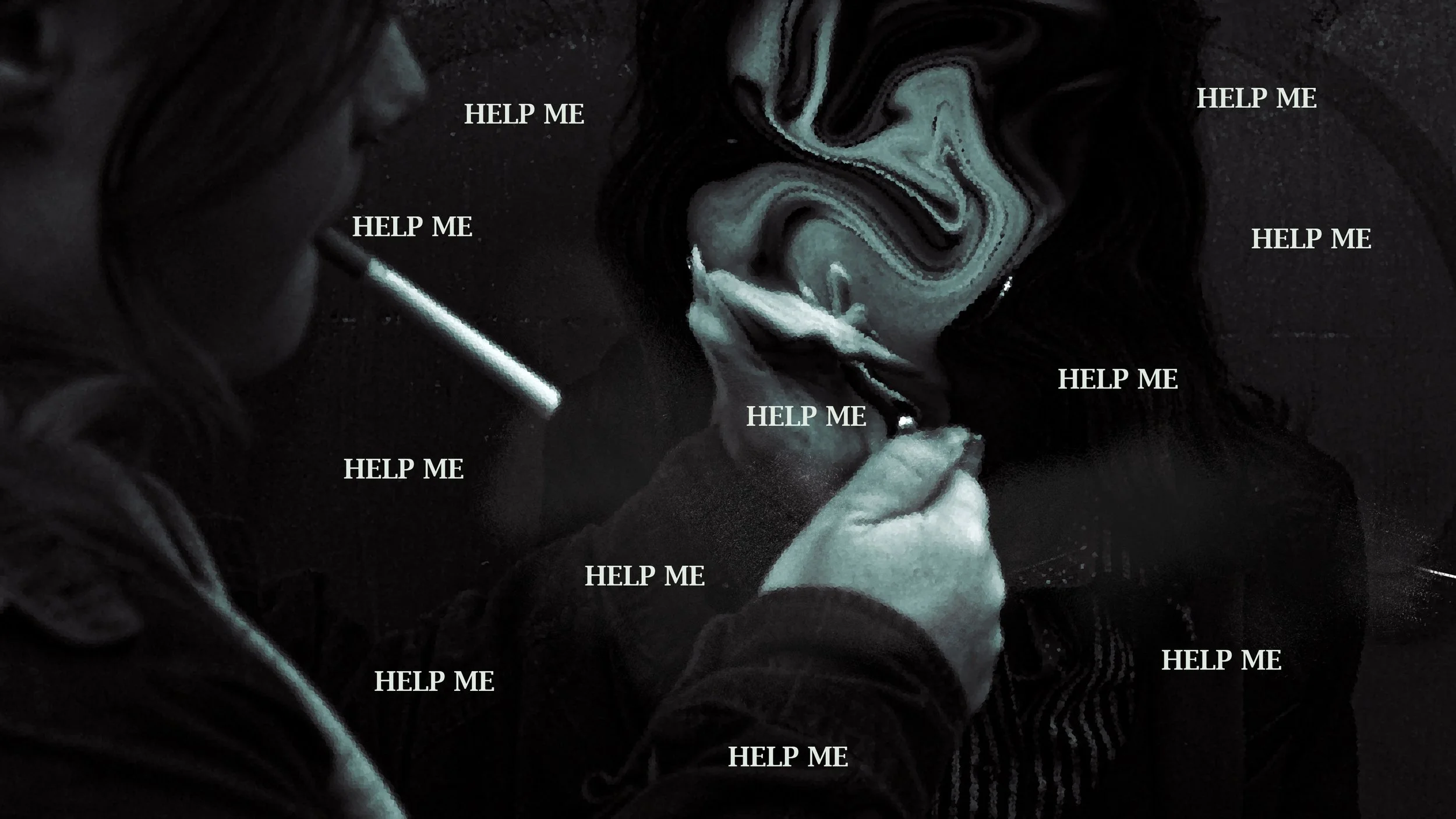 A person with long hair is smoking, with swirling smoke rising near their face, in a dark environment. The image has numerous white text overlays saying 'HELP ME' scattered across the scene.