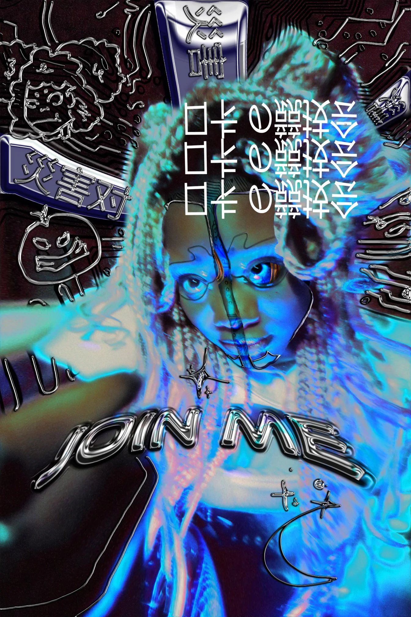 Digital art of a woman with curly hair wearing glasses, surrounded by neon signs with words like 'LOVE' and 'MOON'.