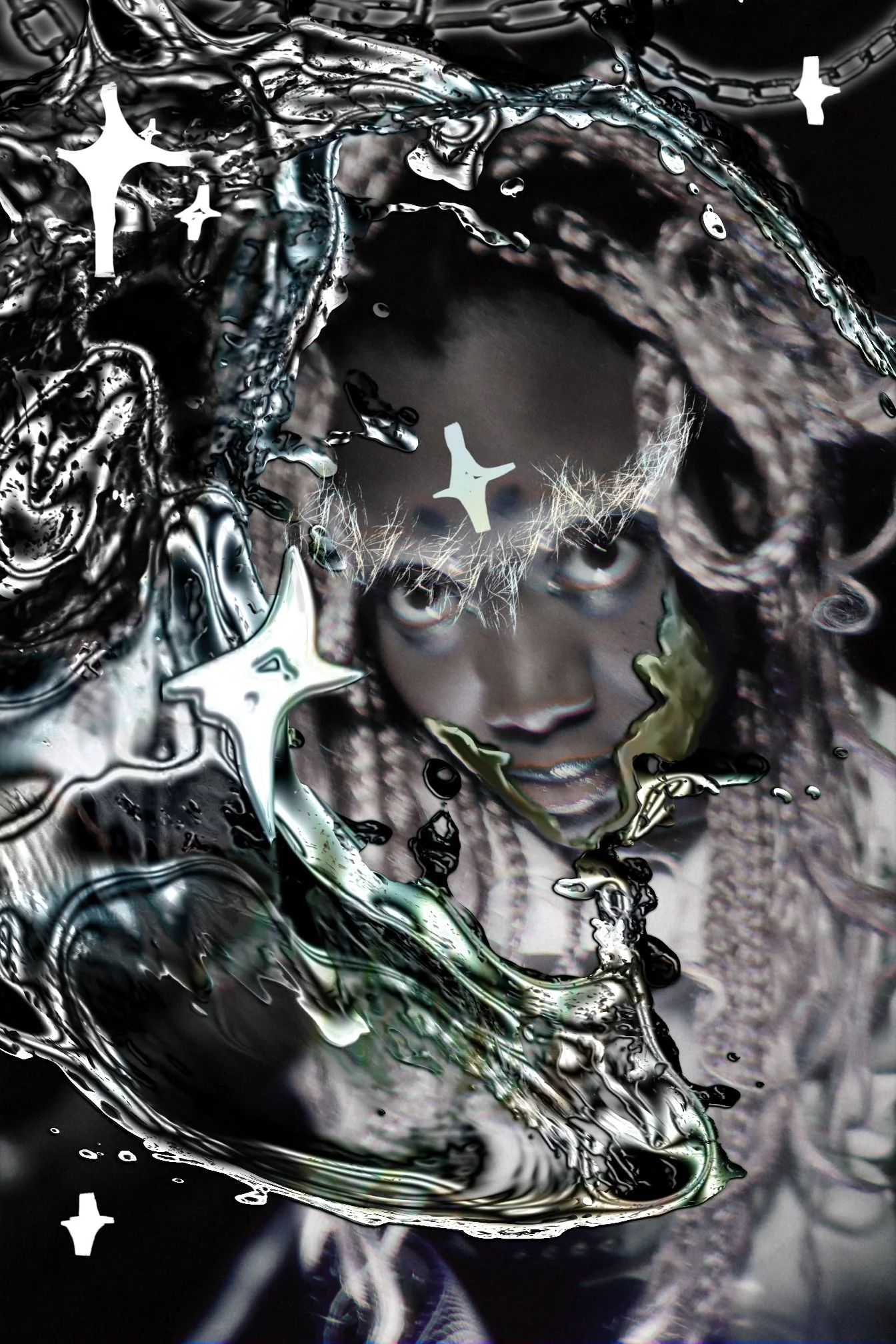 A mirror image of a person's face with blonde hair and blue eyes, surrounded by abstract, swirling patterns and star-like shapes in black, white, and metallic colors.