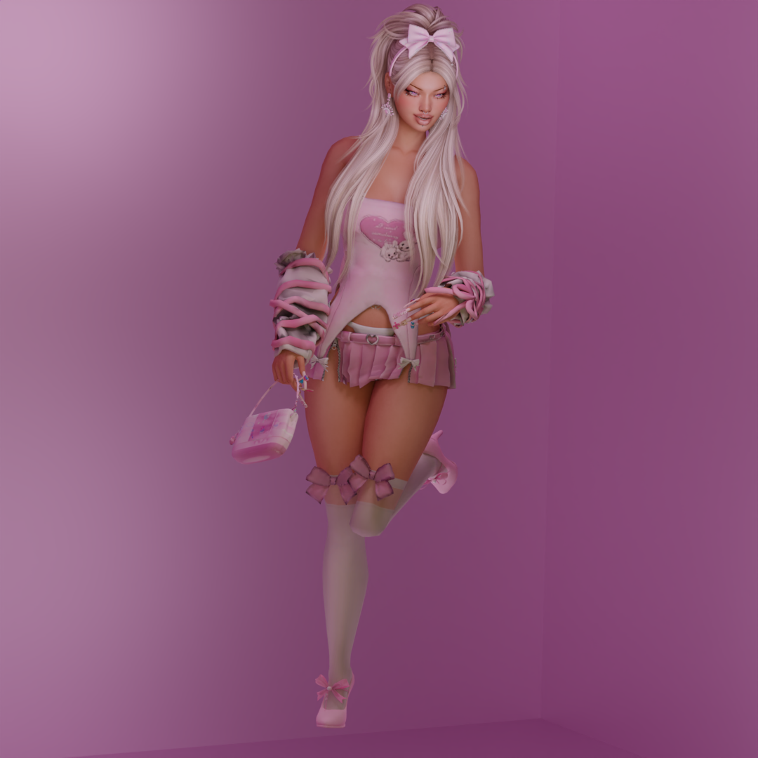 A woman with long, platinum blonde hair styled with a pink bow, dressed in pink and white clothing, holding a small pink purse, standing against a pink background.