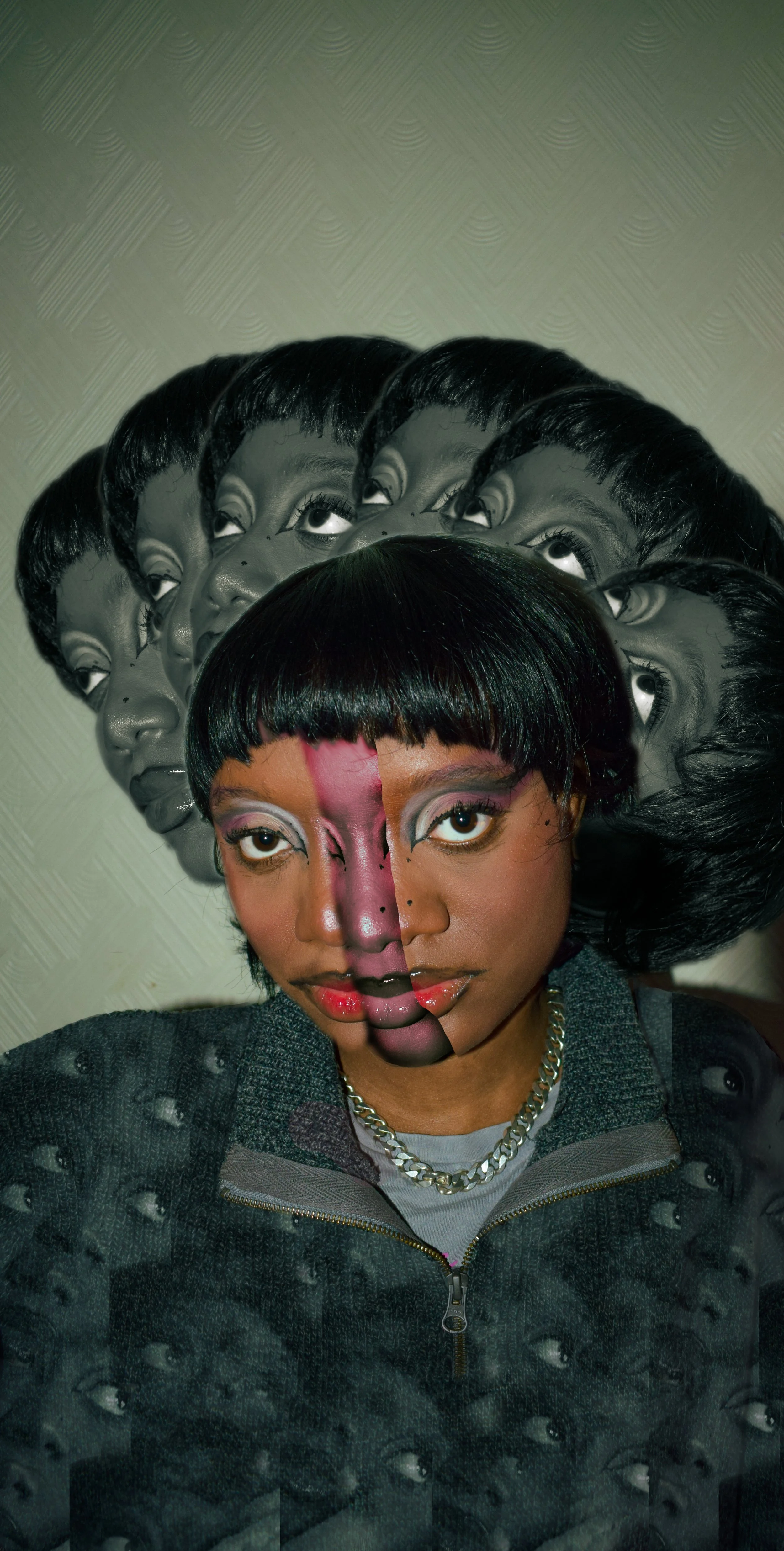 A woman with short black hair and unique makeup, featuring a pink and black design on her face, starring directly into the camera. Behind her, there is a digital manipulation of her face multiplied in a layered, repetitive manner, creating a surreal 