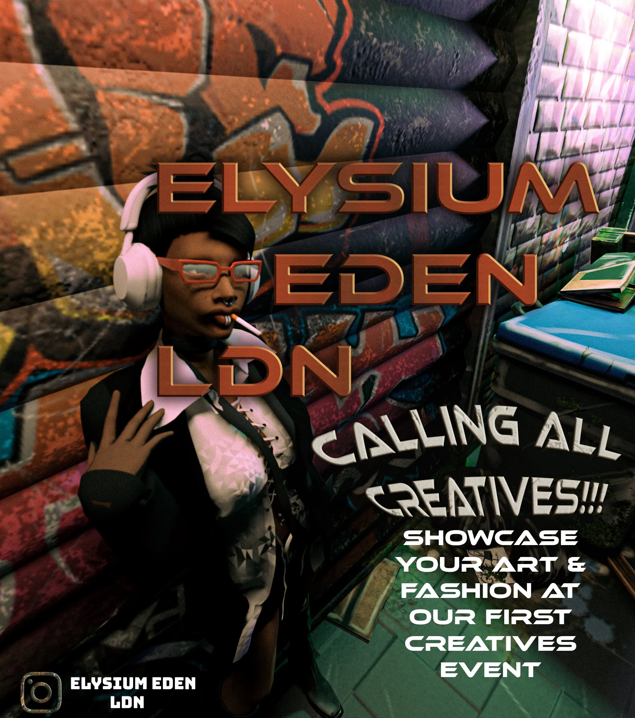 Close-up of graffiti art on brick wall with large orange 3D text overlay reading 'ELYSIUM EDEN' and additional text mentioning an art and fashion event. A person with glasses, headphones, and face mask is partially visible taking a selfie in the reflective surface, with a green-tiled wall and some tables in the background.