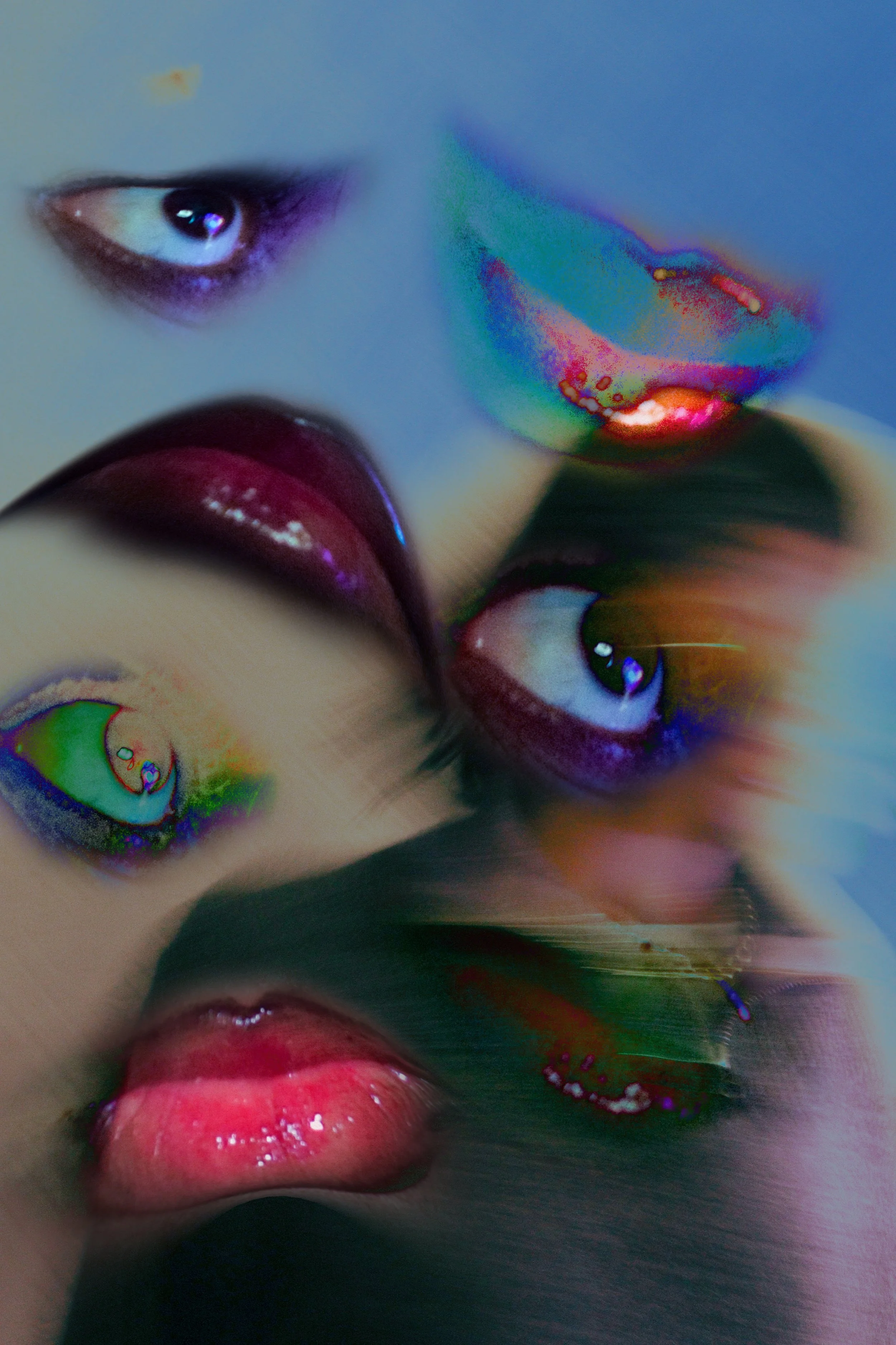 Close-up of a person's face with makeup, featuring purple eye shadow, glossy lips, and colorful reflections creating an abstract, distorted effect.