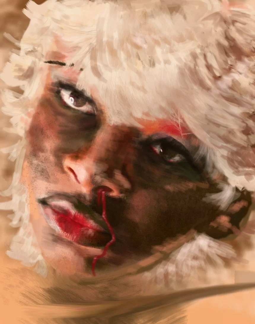 A close-up portrait of a woman with platinum blonde, curly hair. She has bold makeup with dark eyeshadow, eyeliner, and bright red lipstick. There is a red thread running from her lips, adding an artistic element to the image.