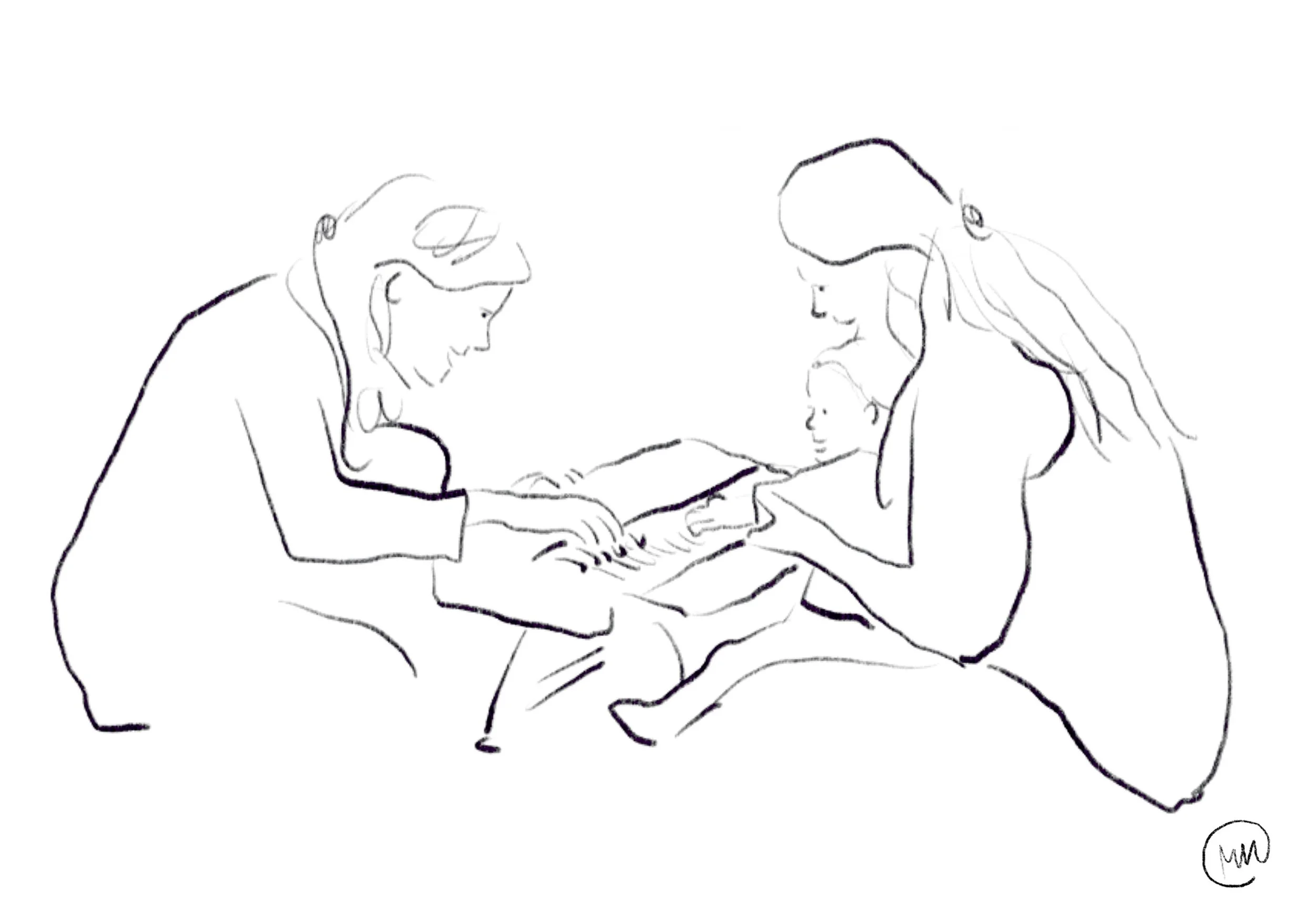 En tegning av Adrian, Christine og Maren som sitter på gulvet med et keyboard mellom seg. Adrian og Maren spiller med hver én hånd hver og Christine støtter Adrians arm.