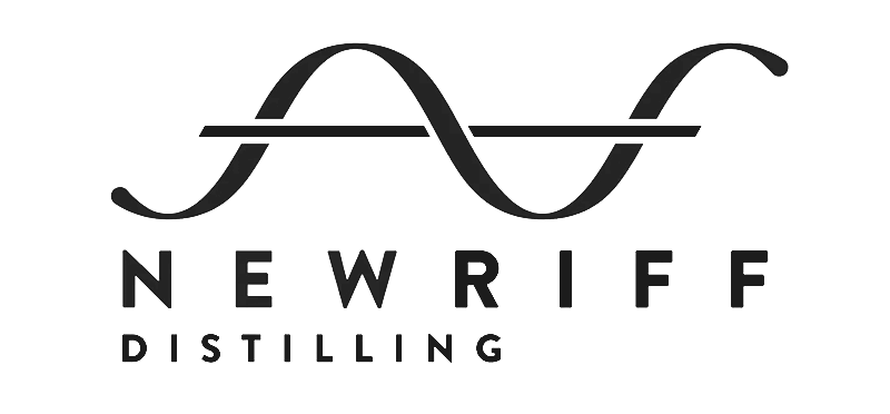 Logo for New Riff Distilling with a stylized letter R and the words 'New Riff Distilling' in white on a black background.