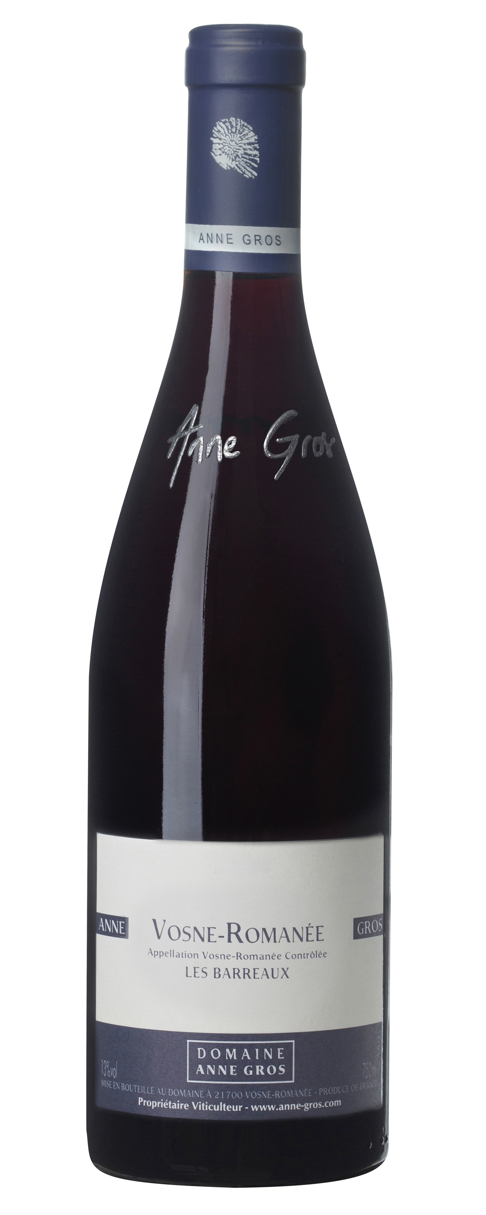 Bouteille de vin rouge Domaine Anne Gros Vosne-Romanée, avec étiquette blanche et texte noir.